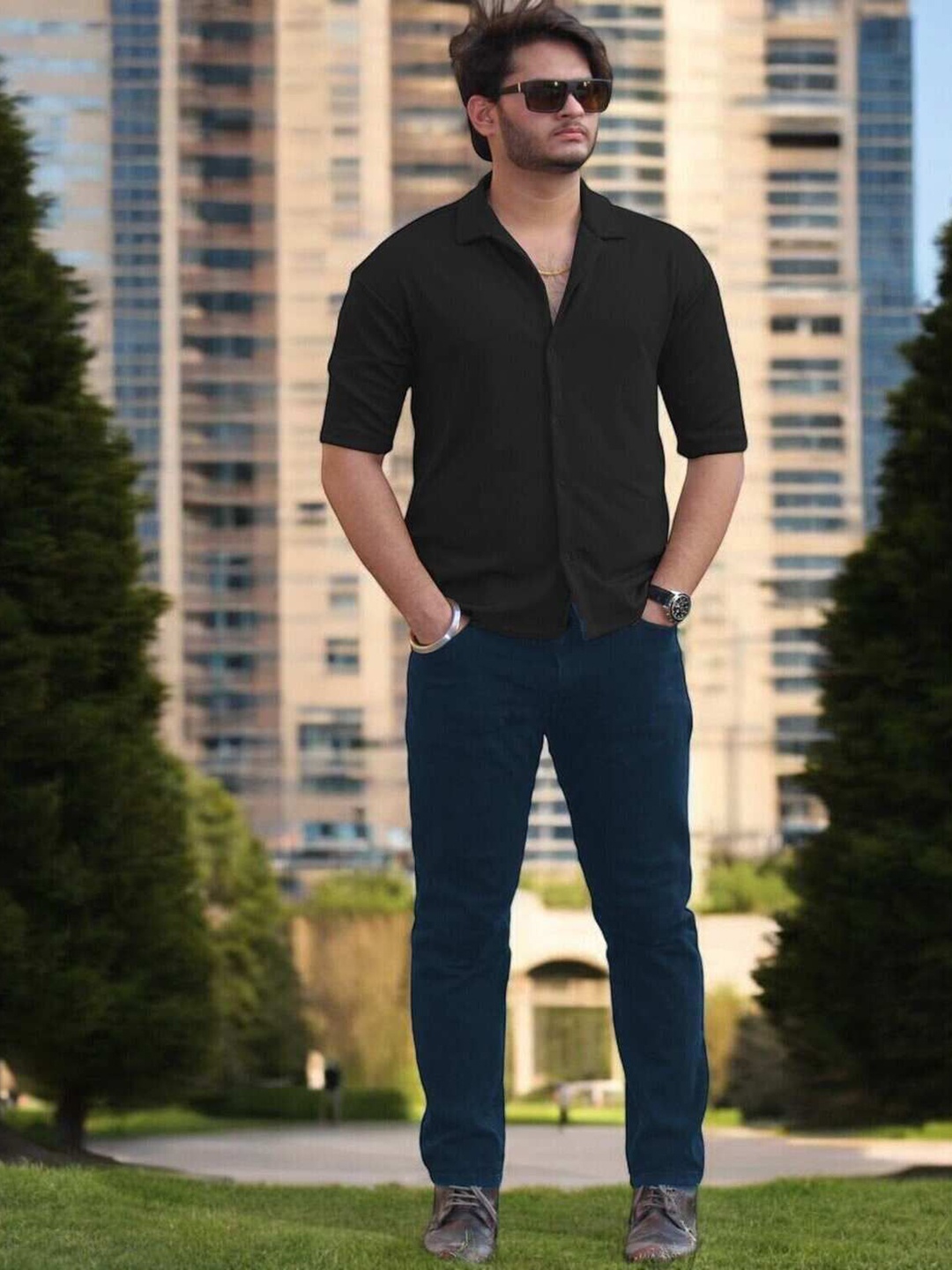 

Genzy Men Ribbed Spread Collar Casual Shirt, Black