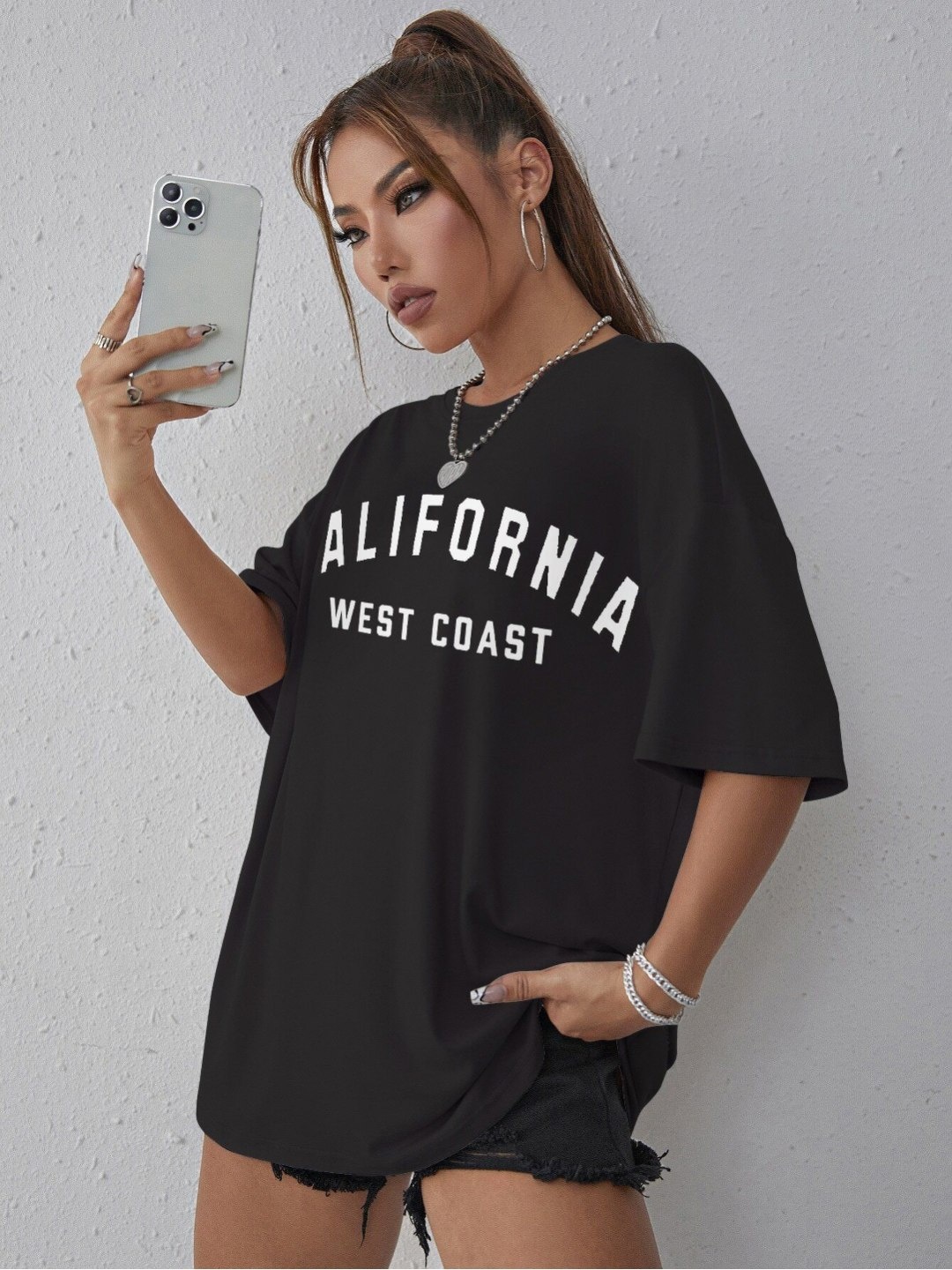 

REVEXO Women Typography Printed Round Neck Cotton Oversized T-shirt, Black