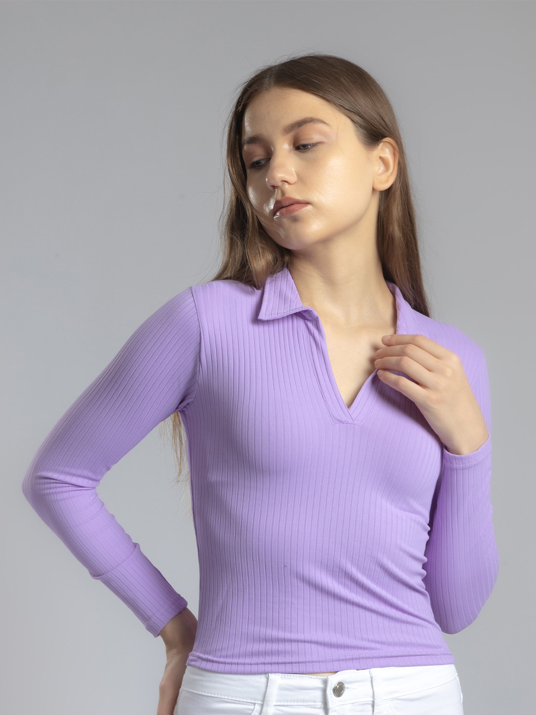

Redamancii Women Vertical Striped Shirt Collar Top, Lavender