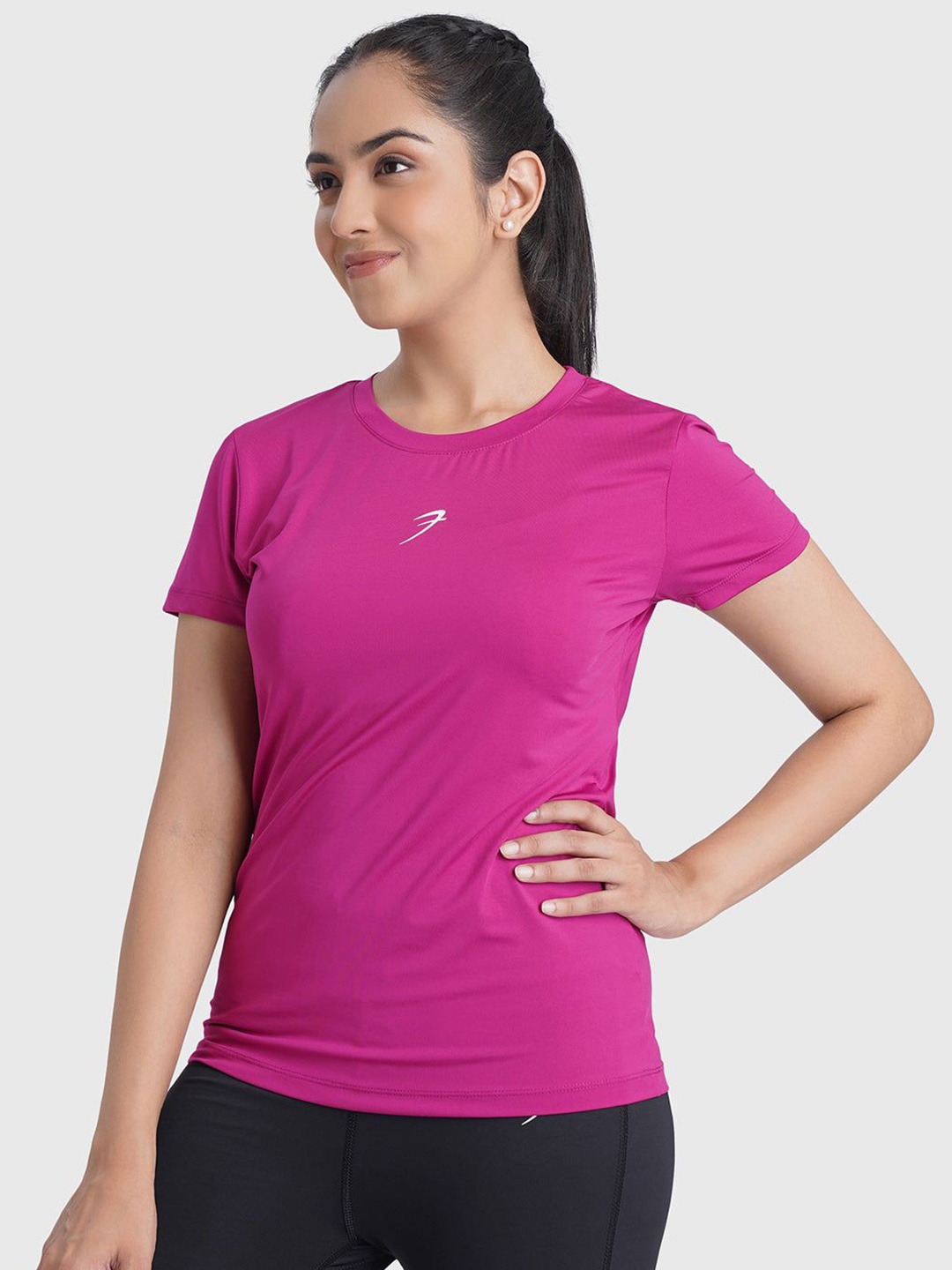 

FUAARK Women Stretchex Solid Round Neck Slim Fit T-shirt, Pink