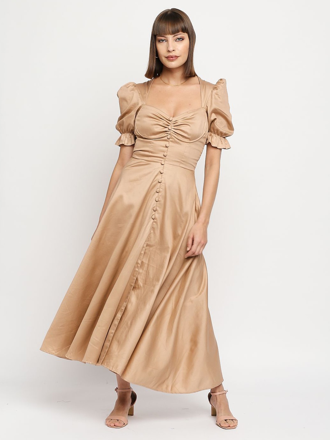 

Ammarzo Puff Sleeves Gathered A-Line Midi Dress, Beige