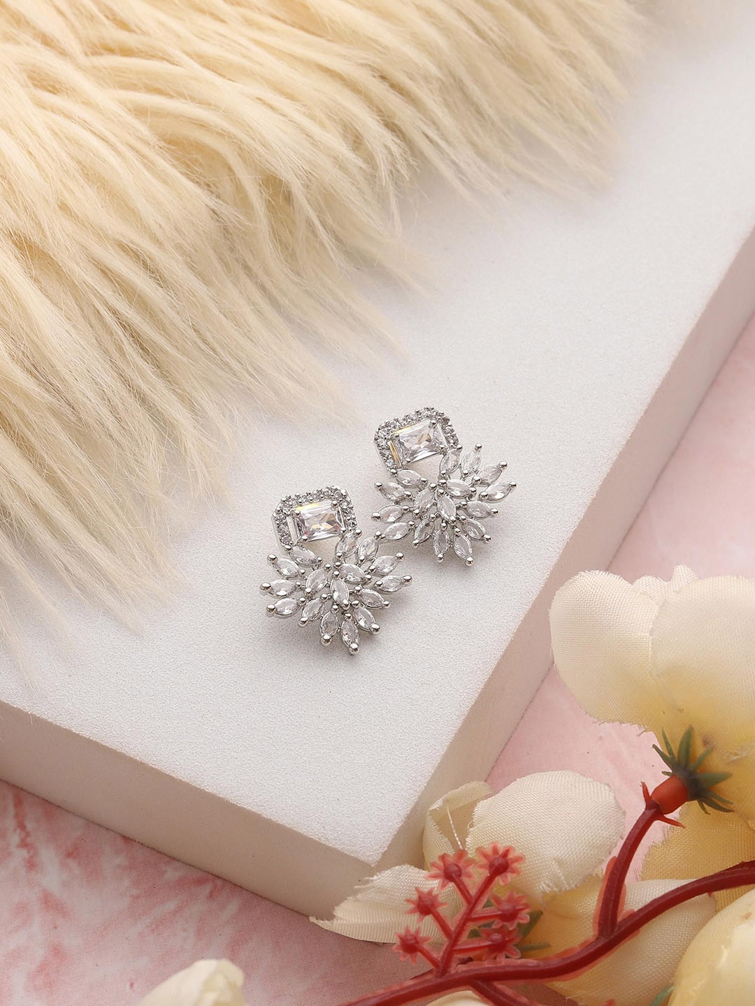 

Styled Diva Silver-Plated Cubic Zirconia Studded Drop Earrings