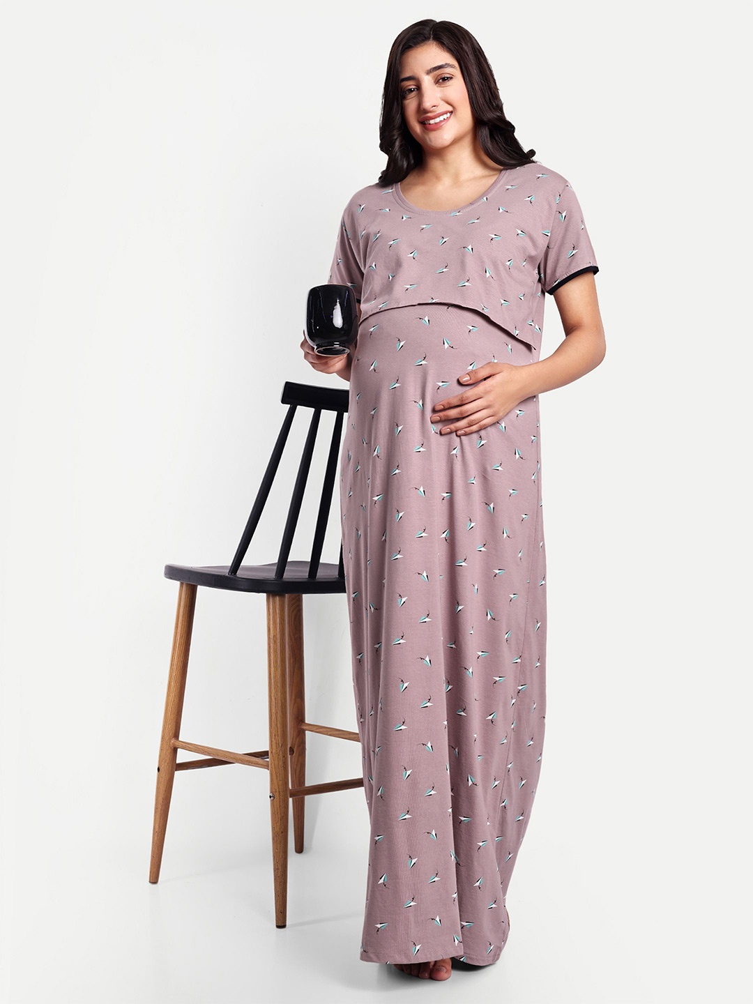 

THE MAMA KLUB Women Printed Pure Cotton Maxi Maternity Nightdress, Rose