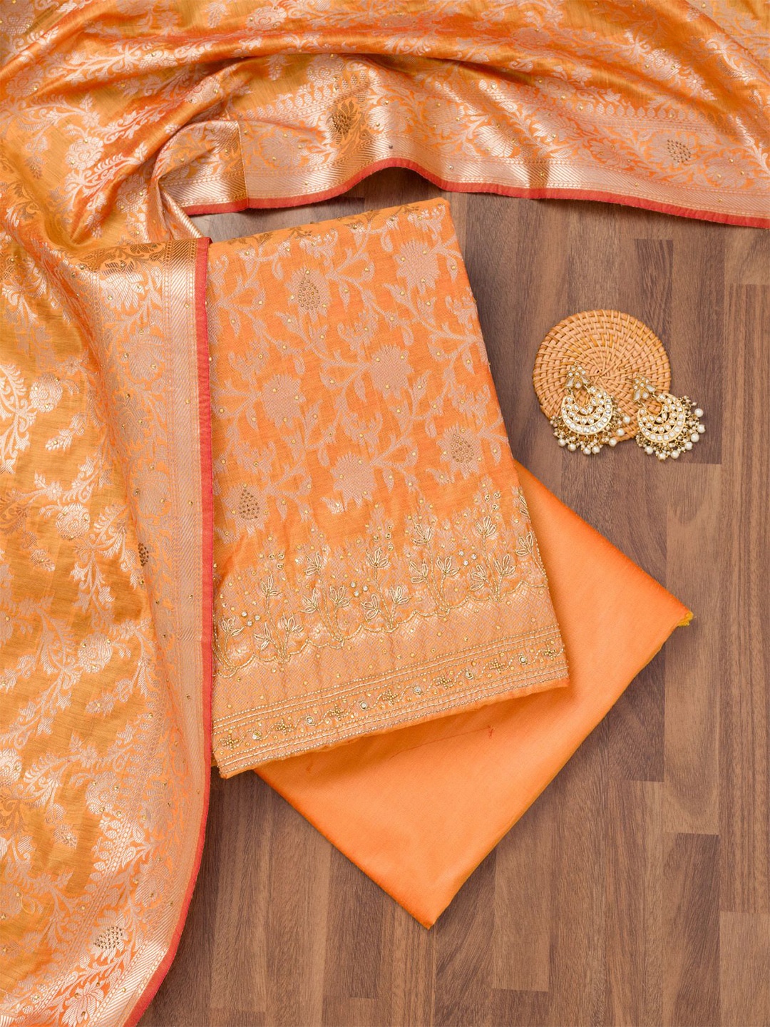 

Koskii Floral Woven Design Zari Work & Beads Stones Banarasi Unstitched Dress Material, Orange