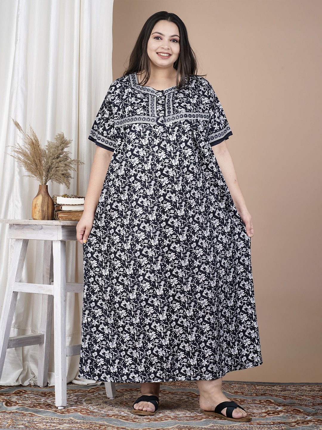 

SP DESIGNS Floral Printed Pure Cotton Maxi Nightdress, Black