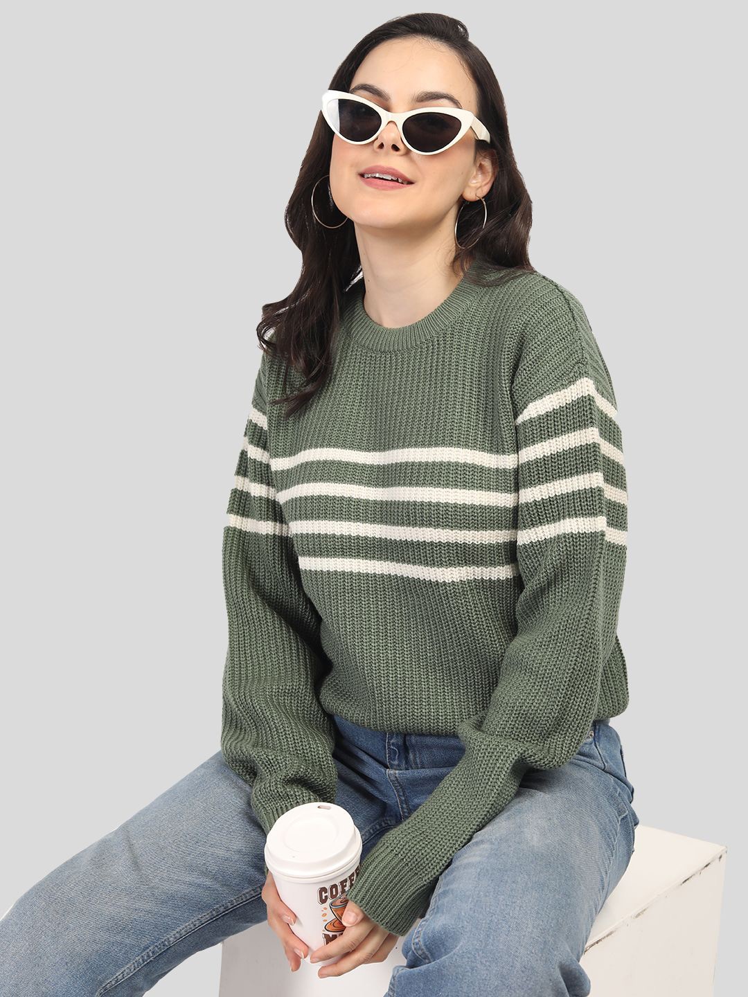 

CHKOKKO Women Round Neck Pullover Woollen Sweater, Green