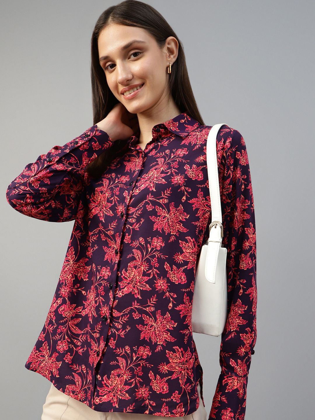 

Hancock Women Floral Printed Boyfriend Fit Formal Shirt, Purple