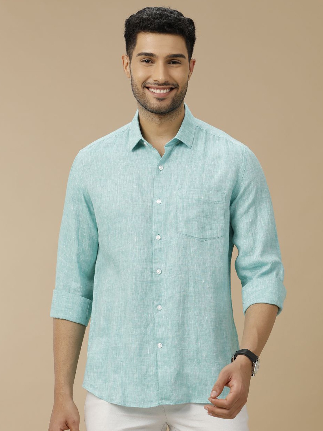 

Linen Club Men Contemporary Solid Slim Fit Linen Casual Shirt, Green
