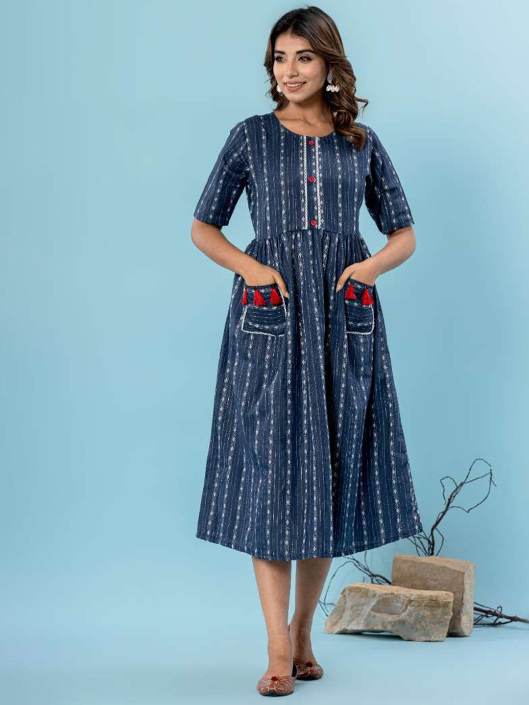 

DIZON Women Cotton Geometric Printed Pure Cotton Ethnic Dress, Navy blue