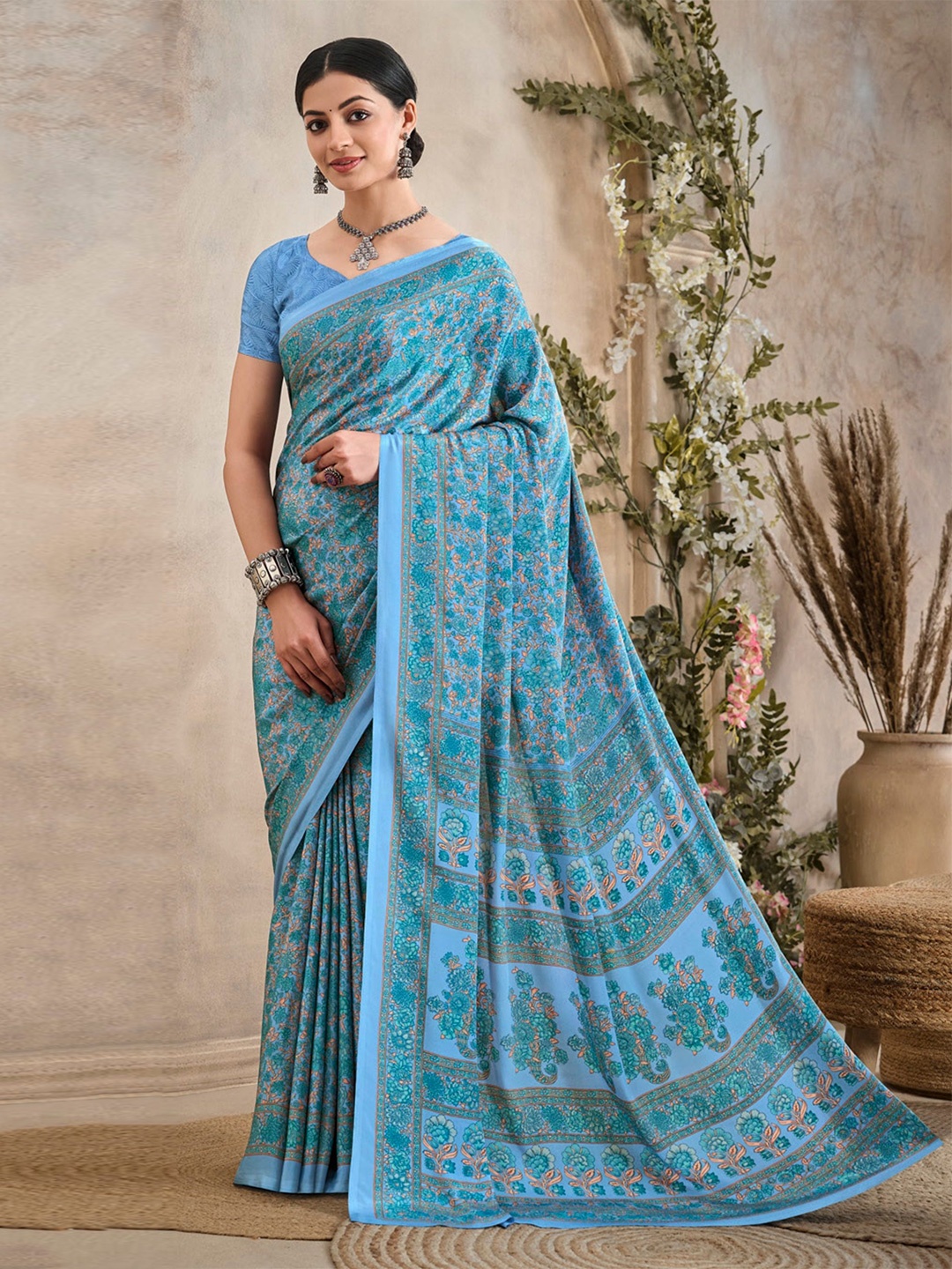 

Reboot Fashions Floral Pure Crepe Saree, Blue