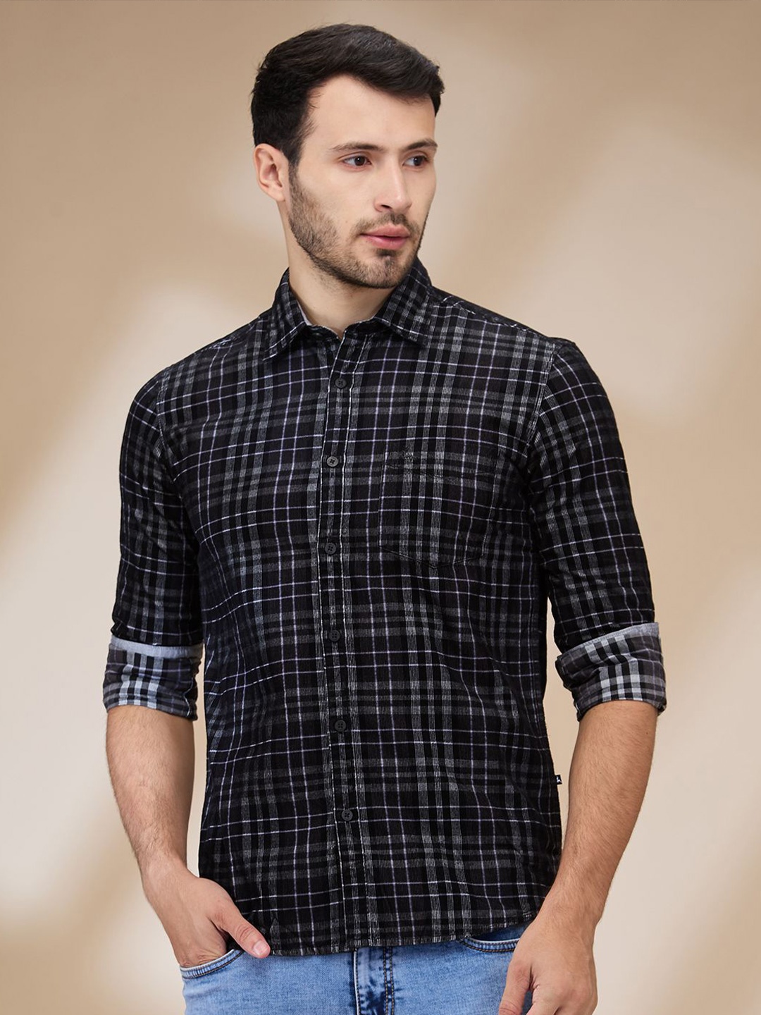 

Parx Men Spread Collar Grid Tattersall Checked Cotton Slim Fit Casual Shirt, Black