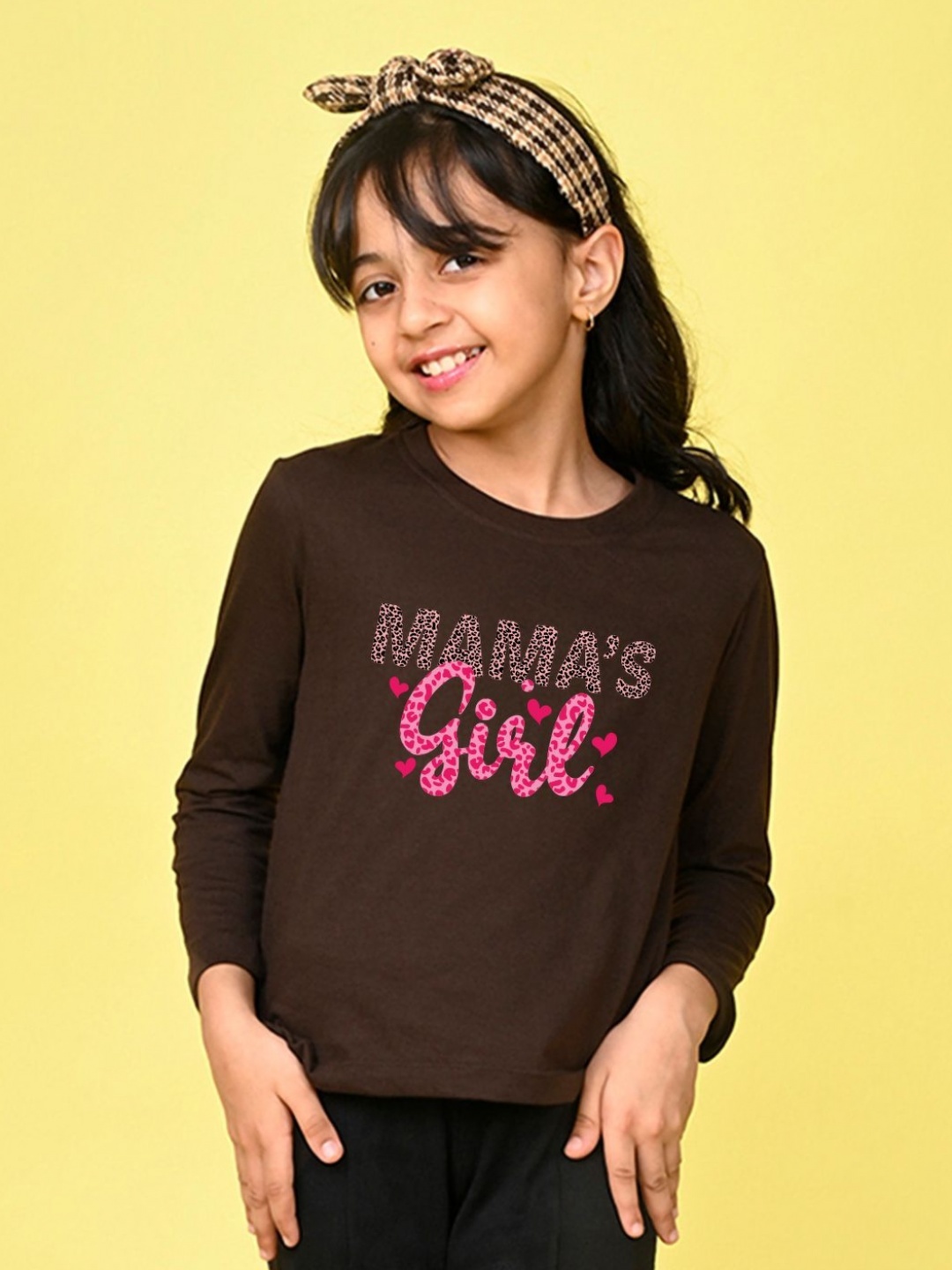 

NUSYL Girls Typography Printed Round Neck Cotton T-shirt, Brown