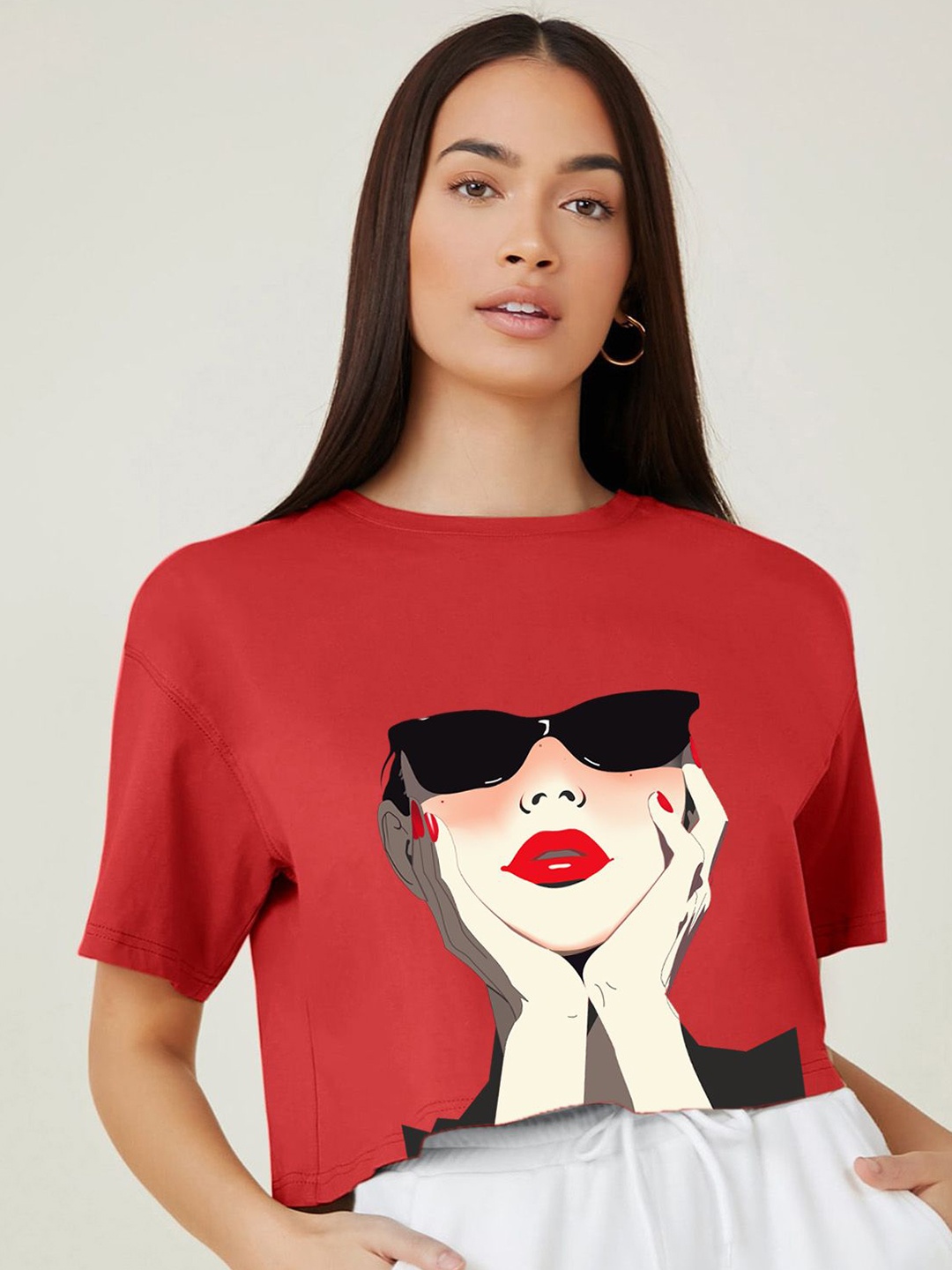 

AAHWAN Women Graphic Printed Round Neck Cotton Top, Red