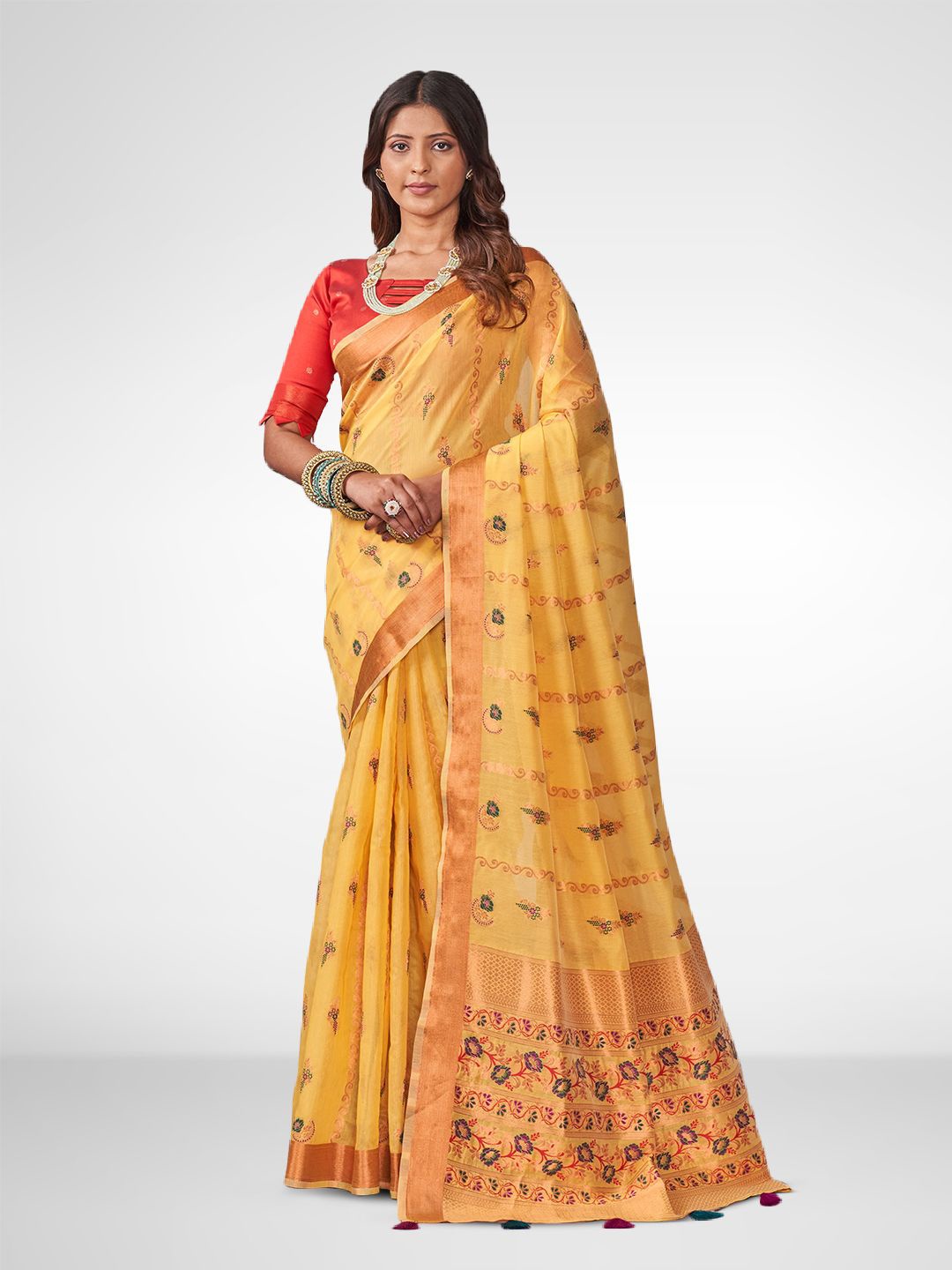 

SARHA Ethnic Motif Woven Design Zari Pure Cotton Saree, Yellow