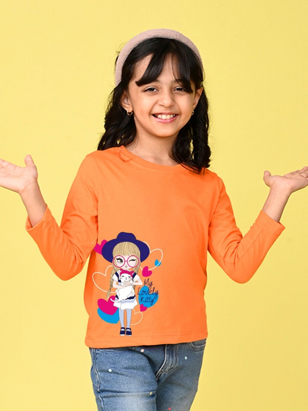 

NUSYL Girls Graphic Printed Round Neck Cotton T-shirt, Orange