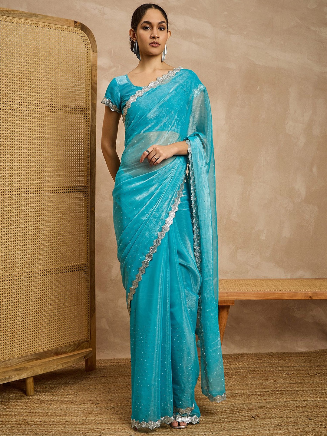 

all about you Embellished Beads and Stones Pure Silk Saree, Blue