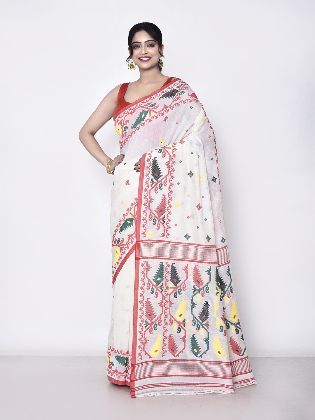 

SPRISH Ethnic Motifs Zari Woven Design Pure Silk Jamdani Saree, White
