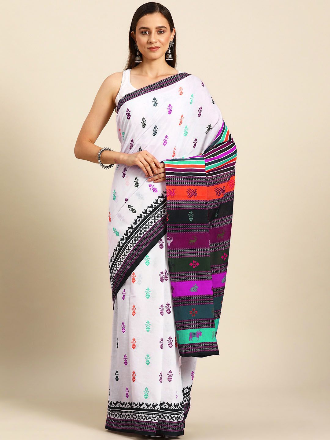 

BUTA BUTI Floral Pure Cotton Saree, White
