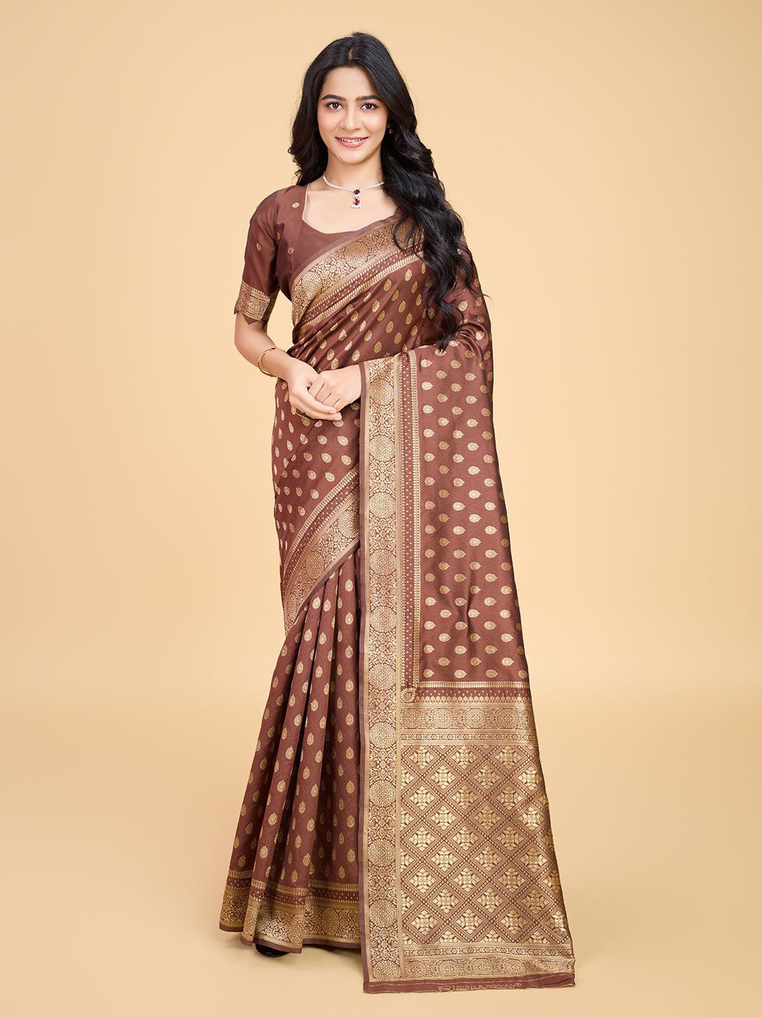 

RICH & ROMAN Woven Design Zari Pure Silk Banarasi Saree, Coffee brown