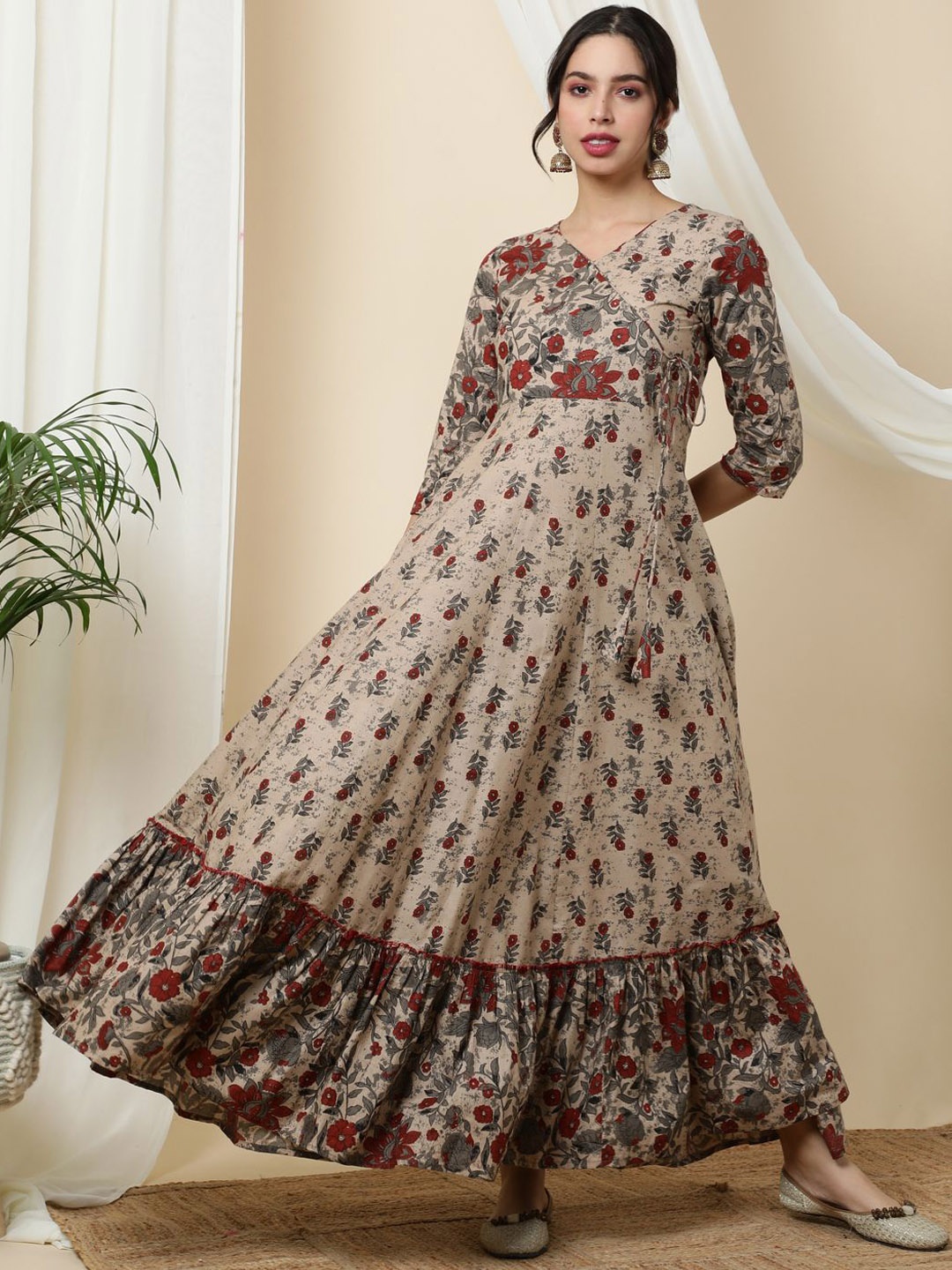 

Sa Rasa Floral Printed Angrakha Anarkali Kurta, Brown
