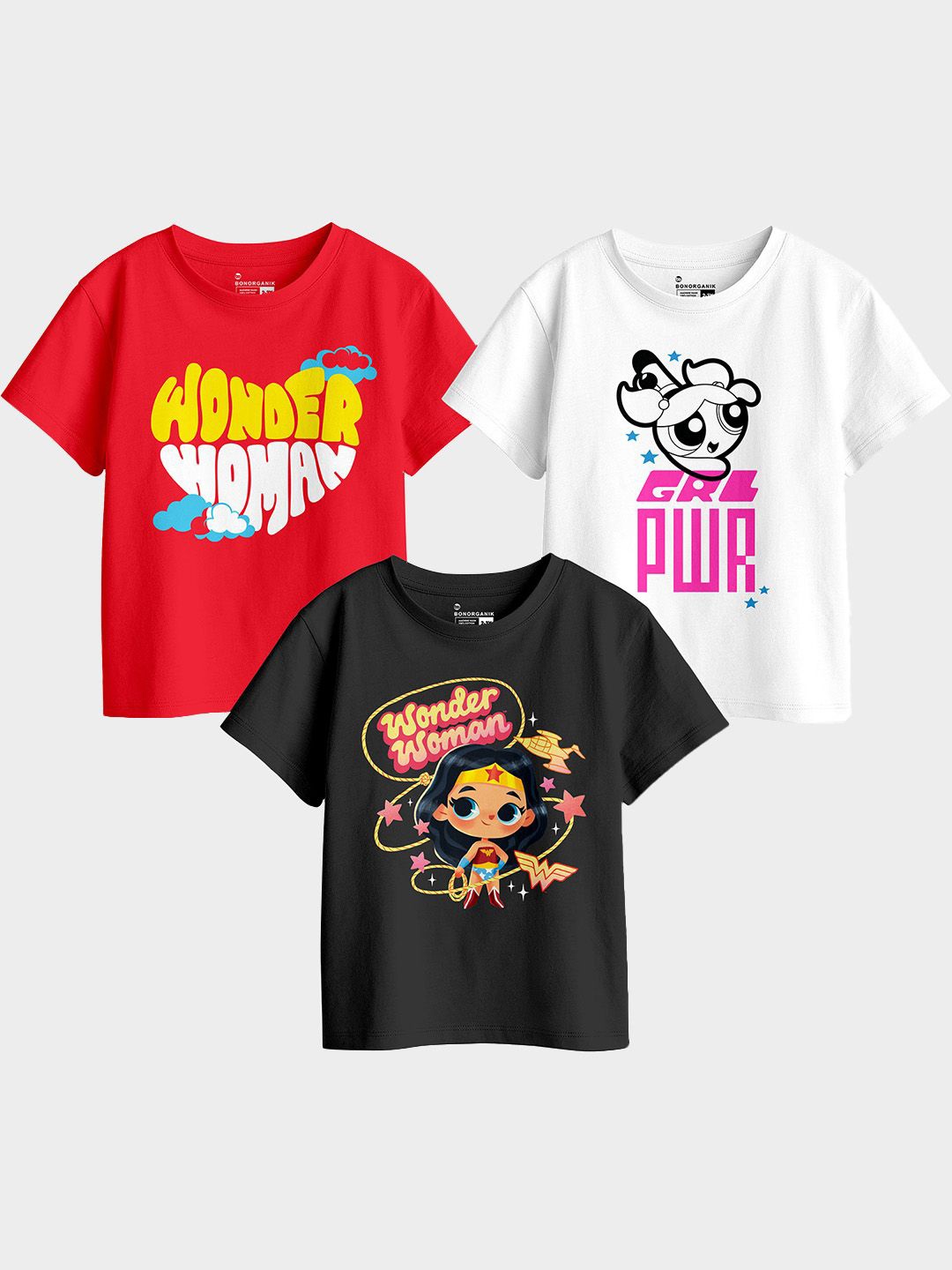 

BonOrganik Pack Of 3 Girls Graphic Printed Round Neck Cotton T-shirts, Red