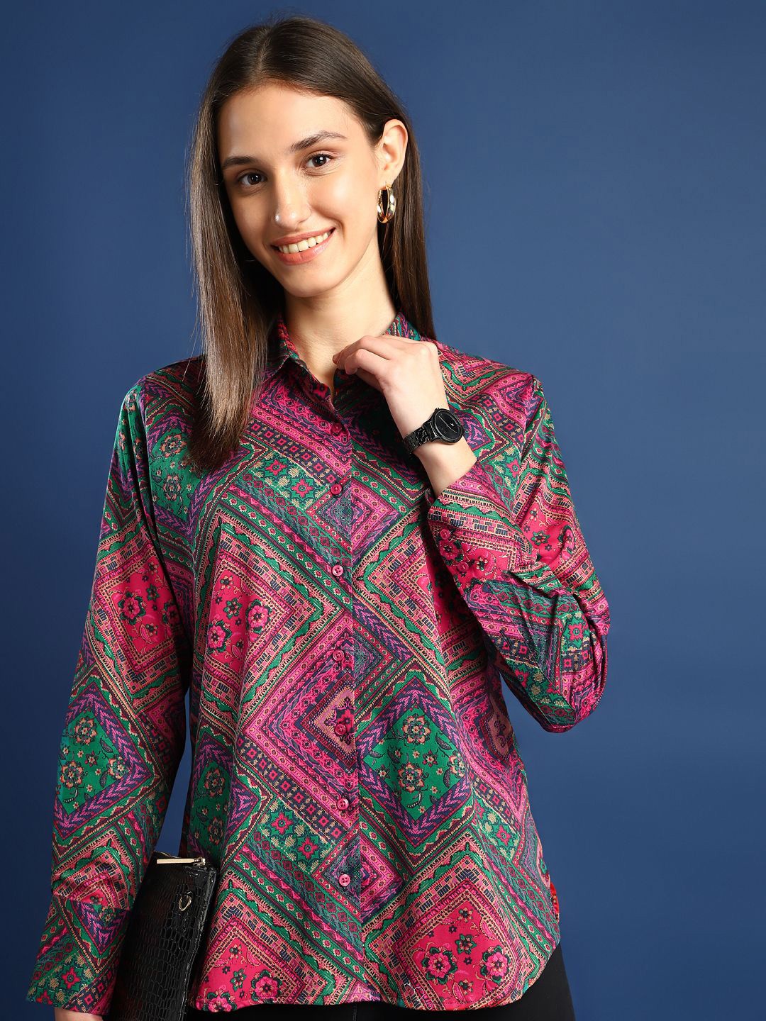

Hancock Women Geometric Printed Boyfriend Fit Formal Shirt, Pink