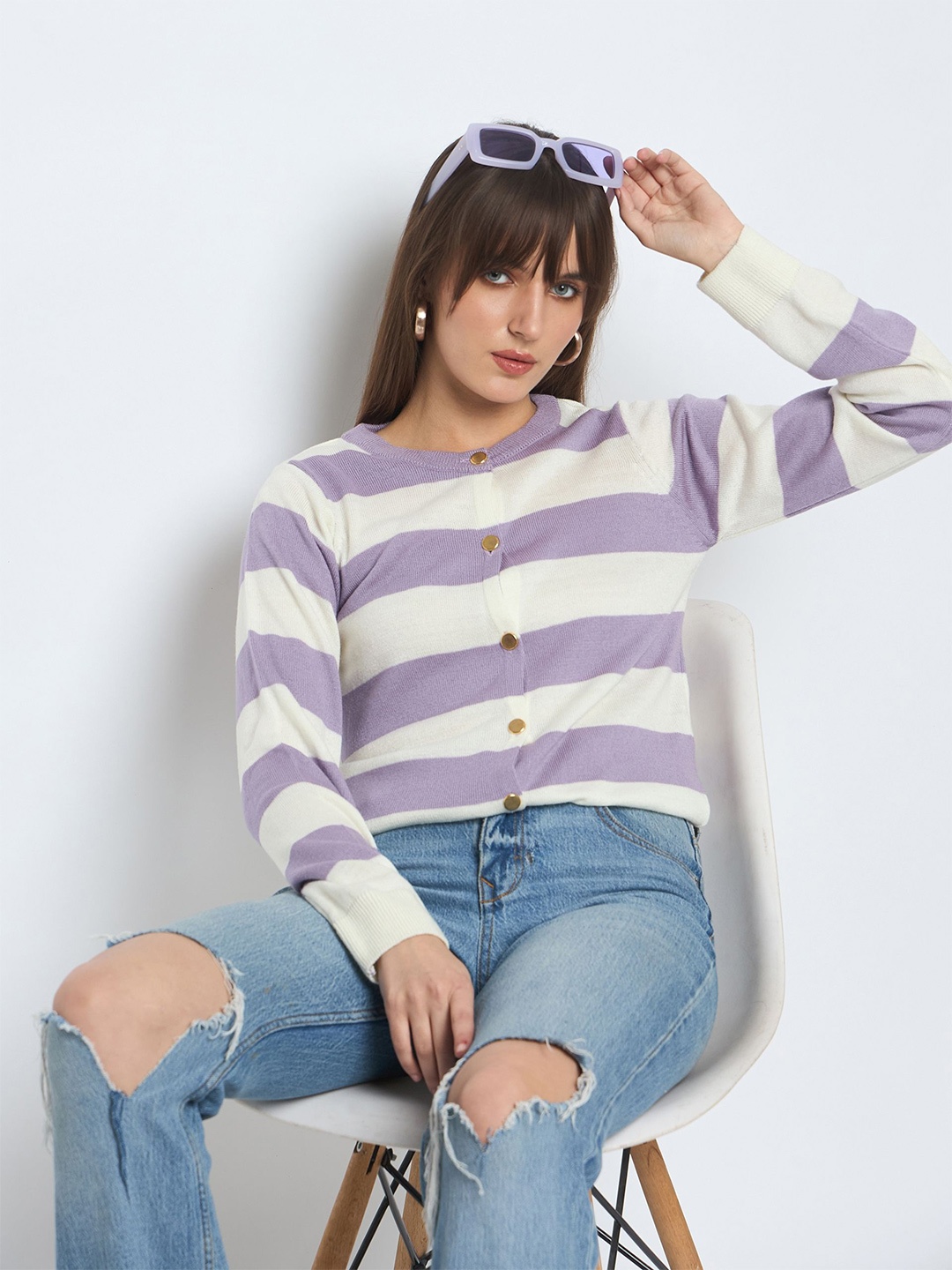 

Club York Women Striped Cardigan, Purple