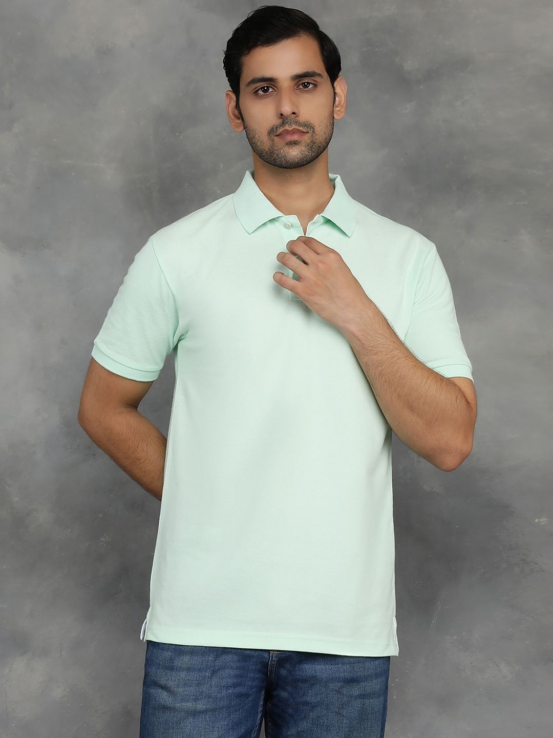 

Greenfibre Men Solid Polo Collar Cotton Slim Fit T-shirt, Green