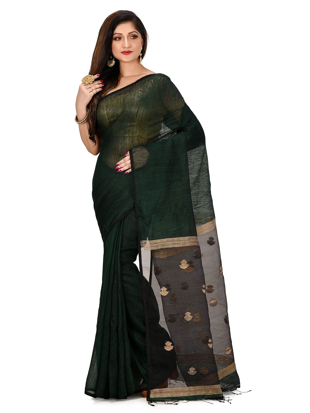 

SPRISH Solid Pure Silk Handloom Jamdani Saree, Green