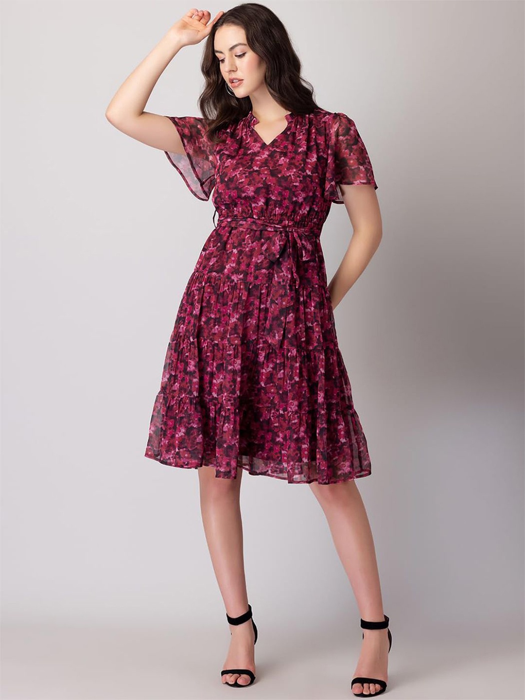 

BAESD Floral Printed women Flared Sleeve Georgette Fit & Flare Dress, Red