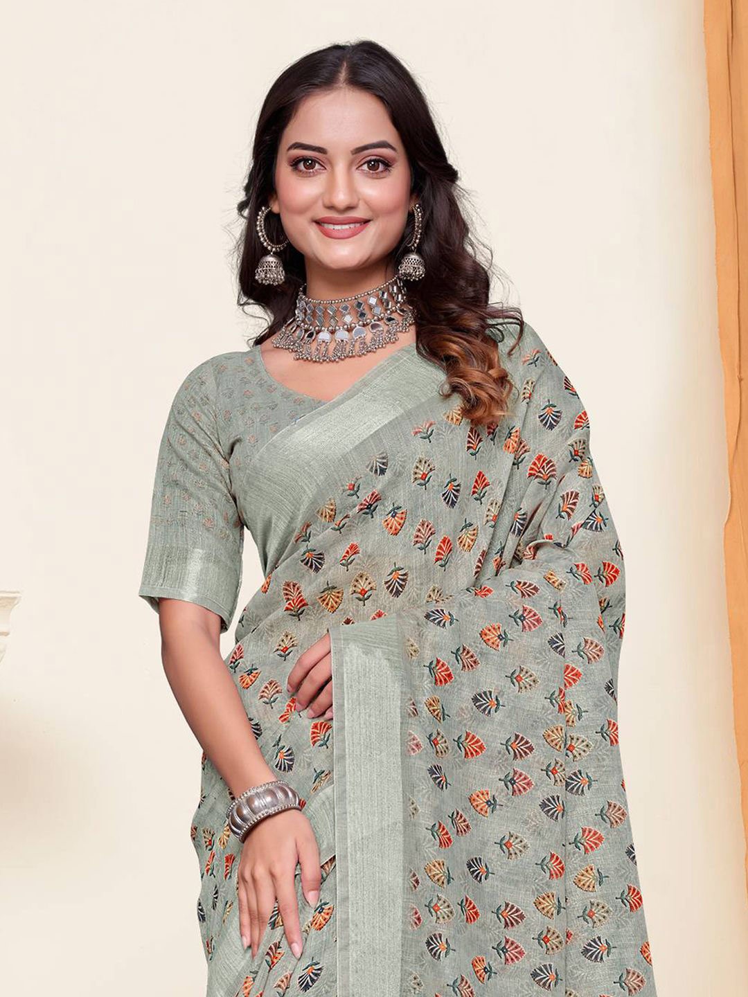 

Mitera Floral Printed Zari Pure Linen Banarasi Saree, Green