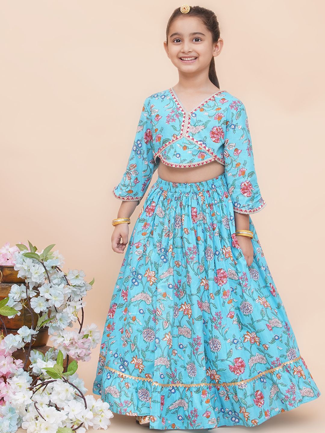 

Modish Couture Girls Embellished Pure Cotton Ready to Wear Lehenga Choli, Blue