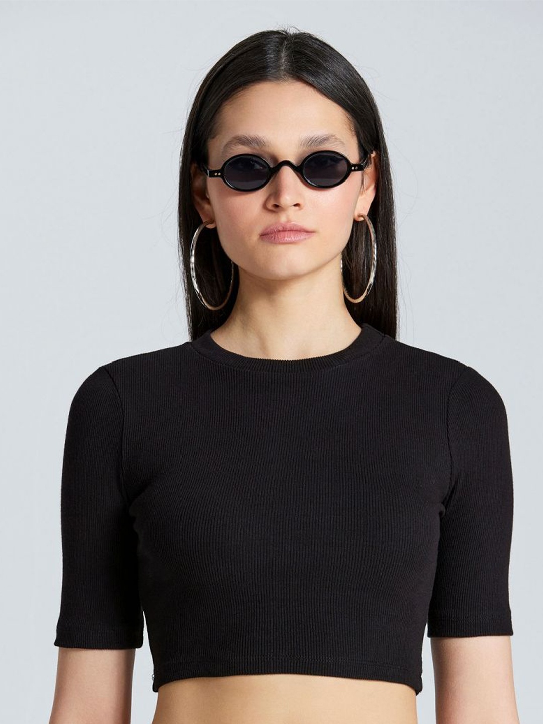 

ZOMODA Women Solid Round Neck Cotton Top, Black