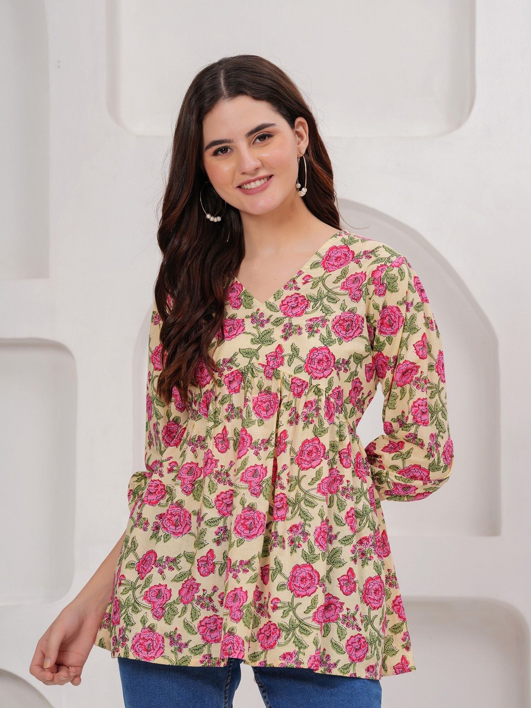 

Royal Marque Women Floral Printed V-Neck Cotton Top, Pink