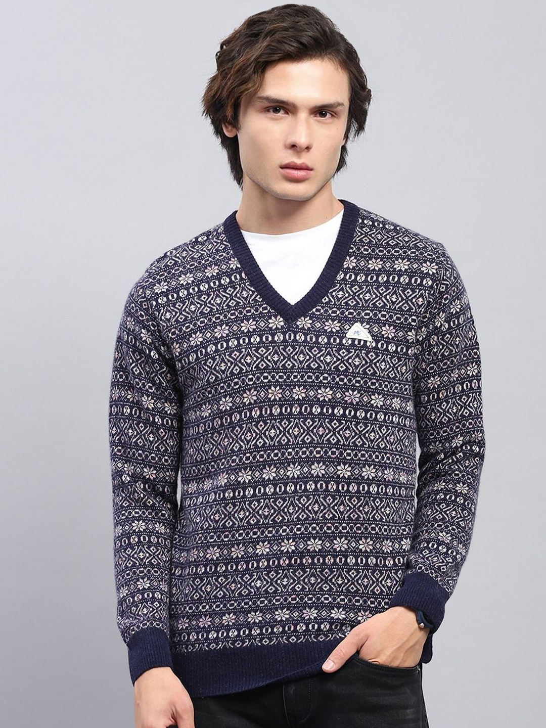 

Monte Carlo Men V-Neck Winter Woollen Cardigan, Navy blue