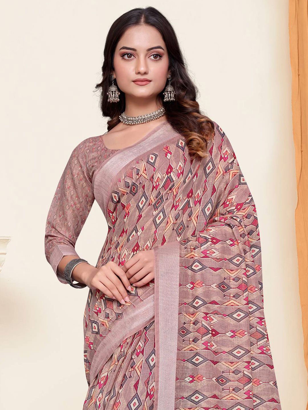 

Mitera Geometric Printed Zari Pure Linen Saree, Mauve