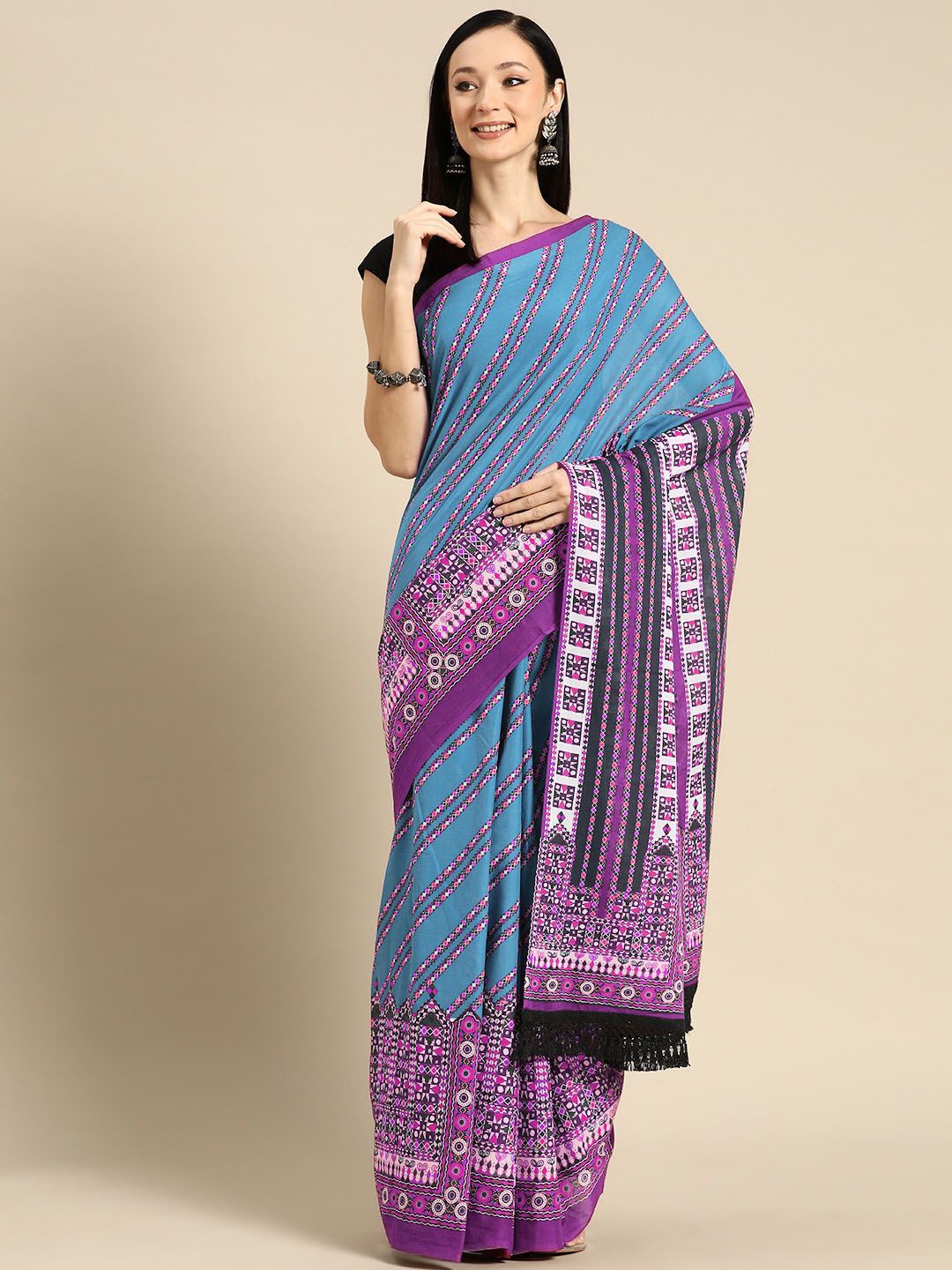 

BUTA BUTI Striped Printed Pure Cotton Saree, Lavender