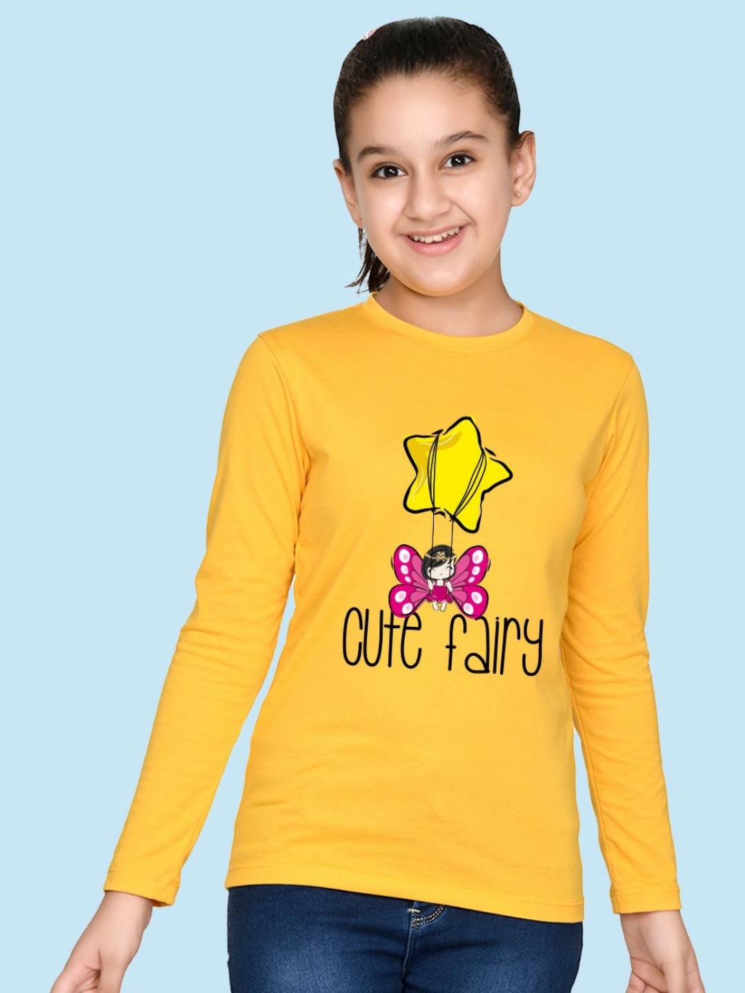 

NUSYL Girls Graphic Printed Round Neck Cotton T-shirt, Yellow