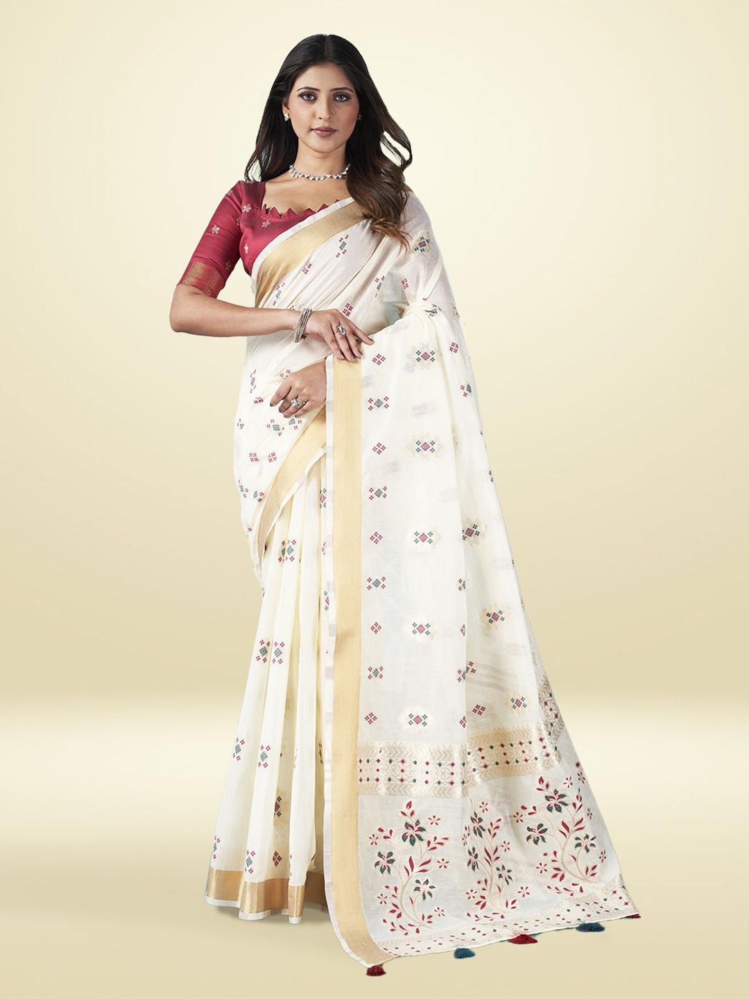 

SARHA Woven Design Zari Pure Cotton Saree, White