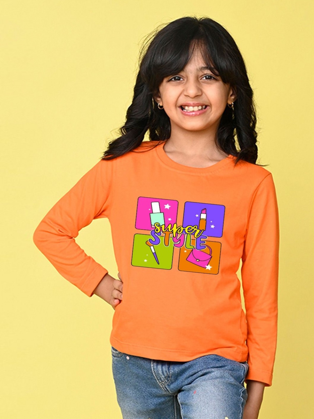 

NUSYL Girls Graphic Printed Round Neck Cotton T-shirt, Orange