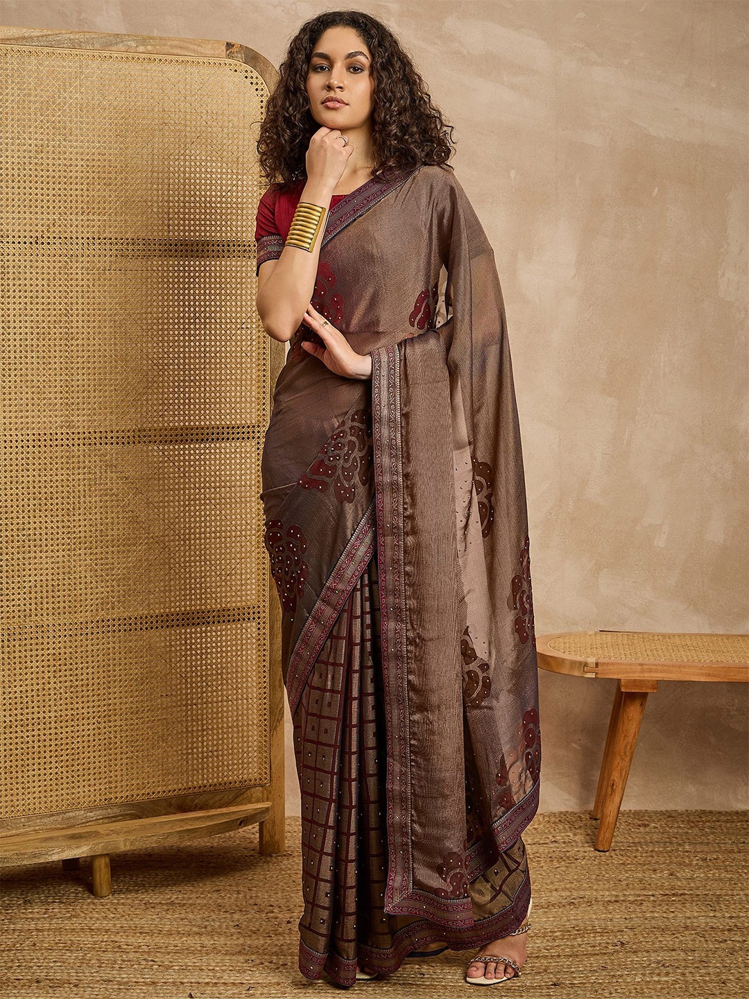 

all about you Floral Beads and Stones Brasso Saree, Grey