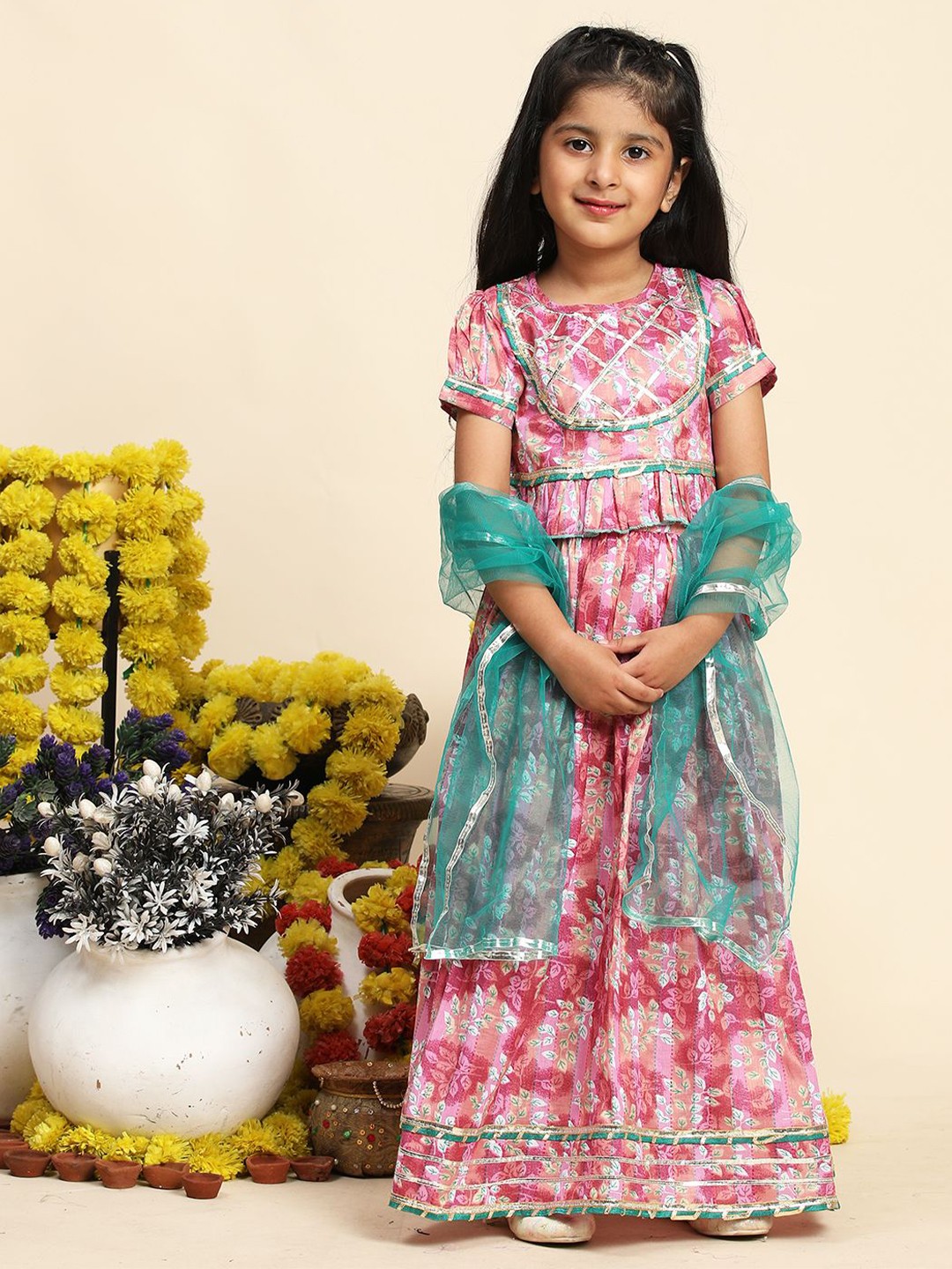 

Cutiekins Girls Printed Cotton Ready to Wear Lehenga & Blouse With Dupatta, Rose