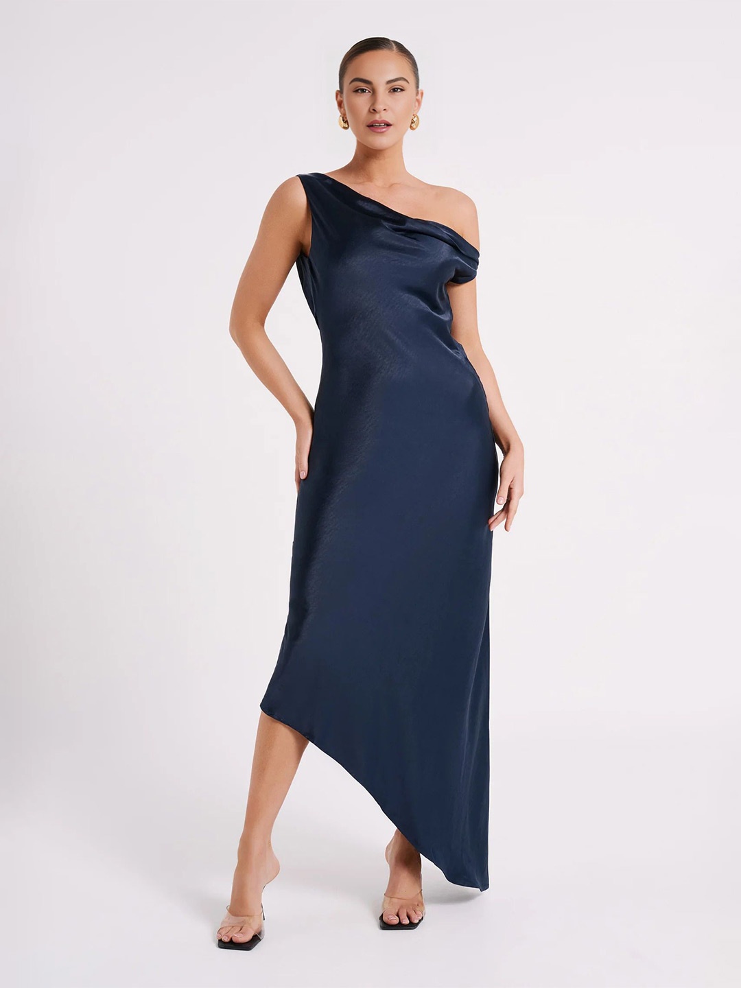 

Bee Boe Women Satin Solid One Shoulder Maxi Dress, Navy blue