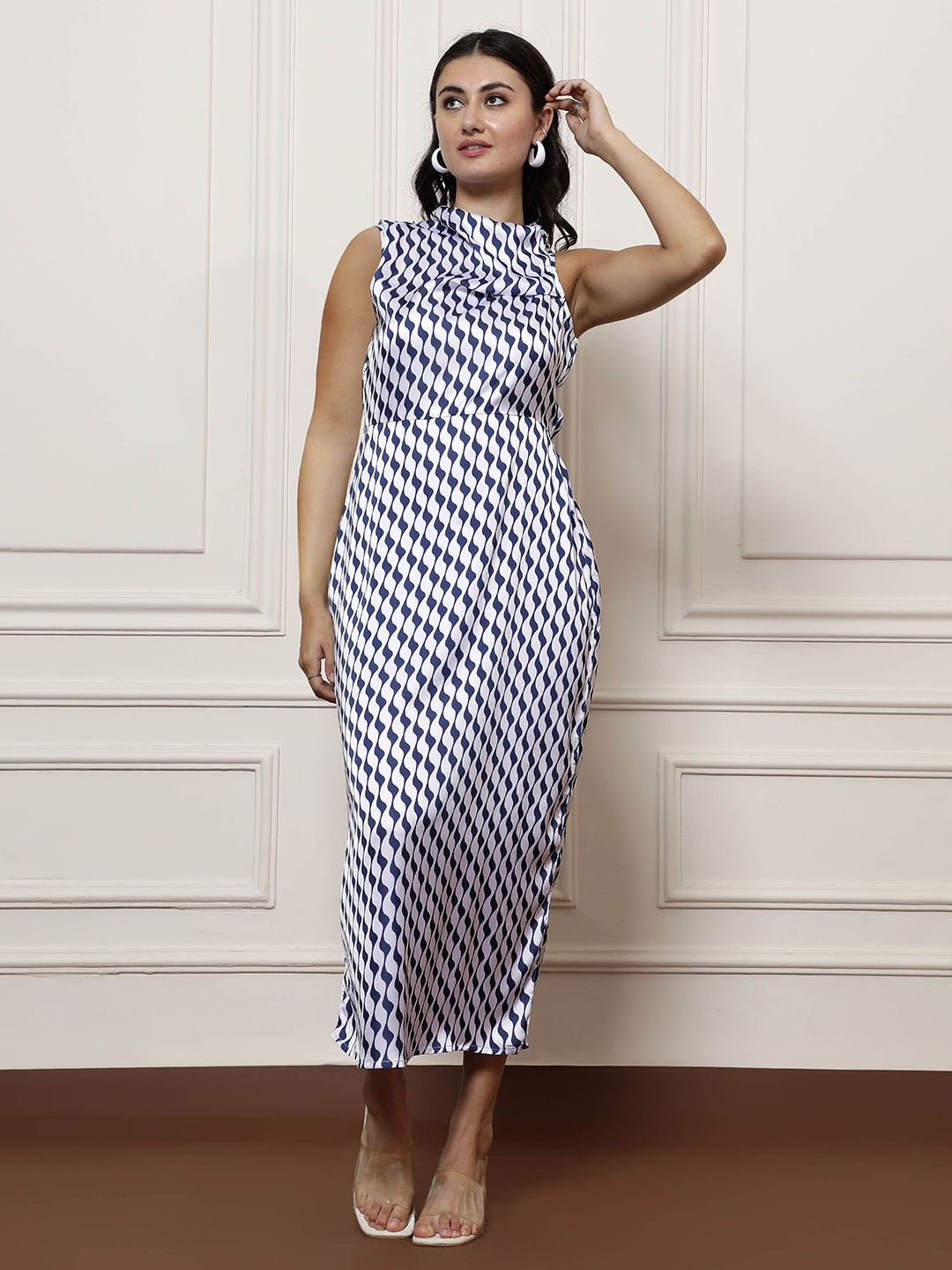 

Athena Women Print Satin A-Line Maxi Dress, Blue