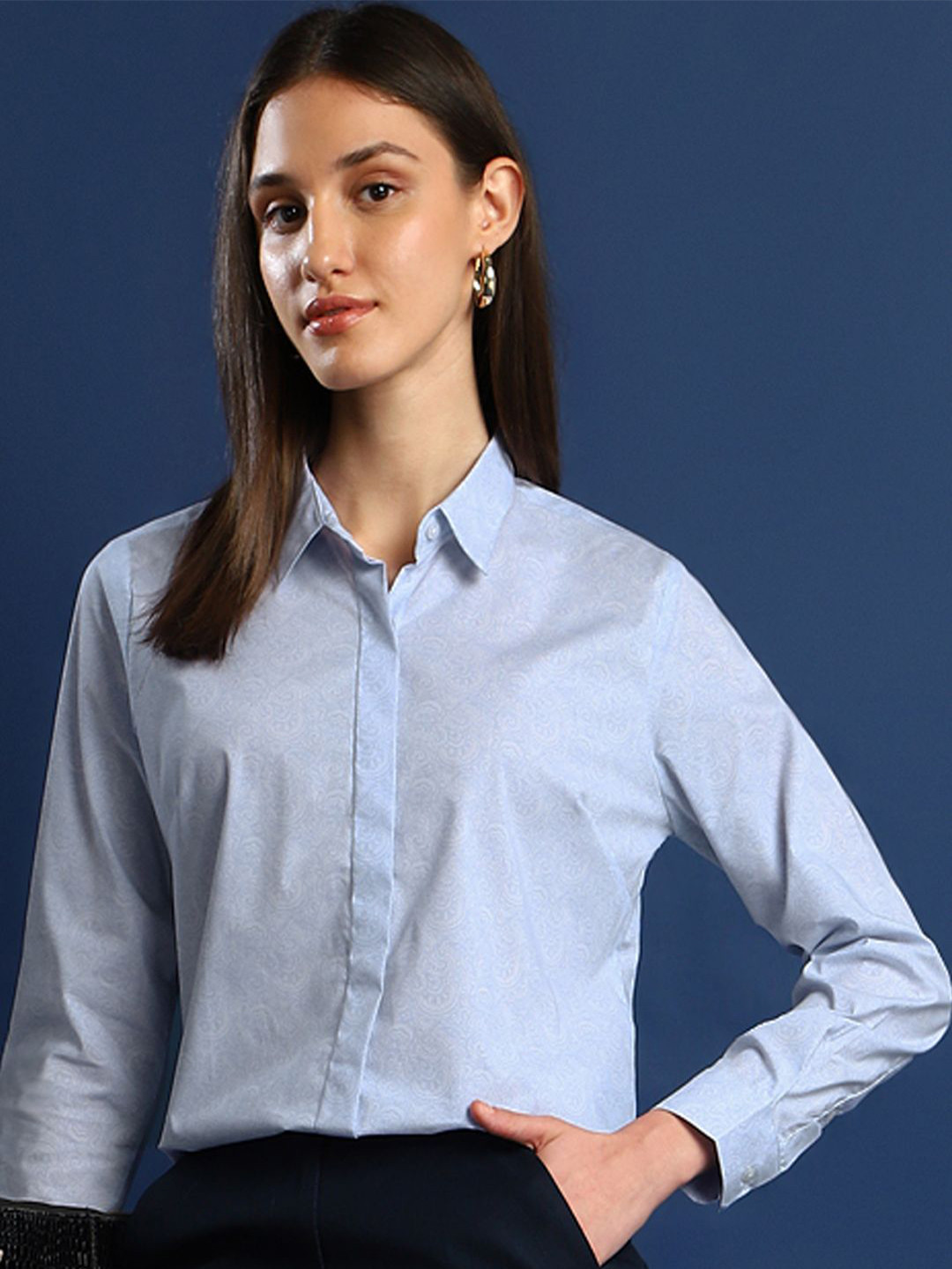 

Hancock Women Classic Spread Collar Floral Printed Cotton Formal Shirt, Blue