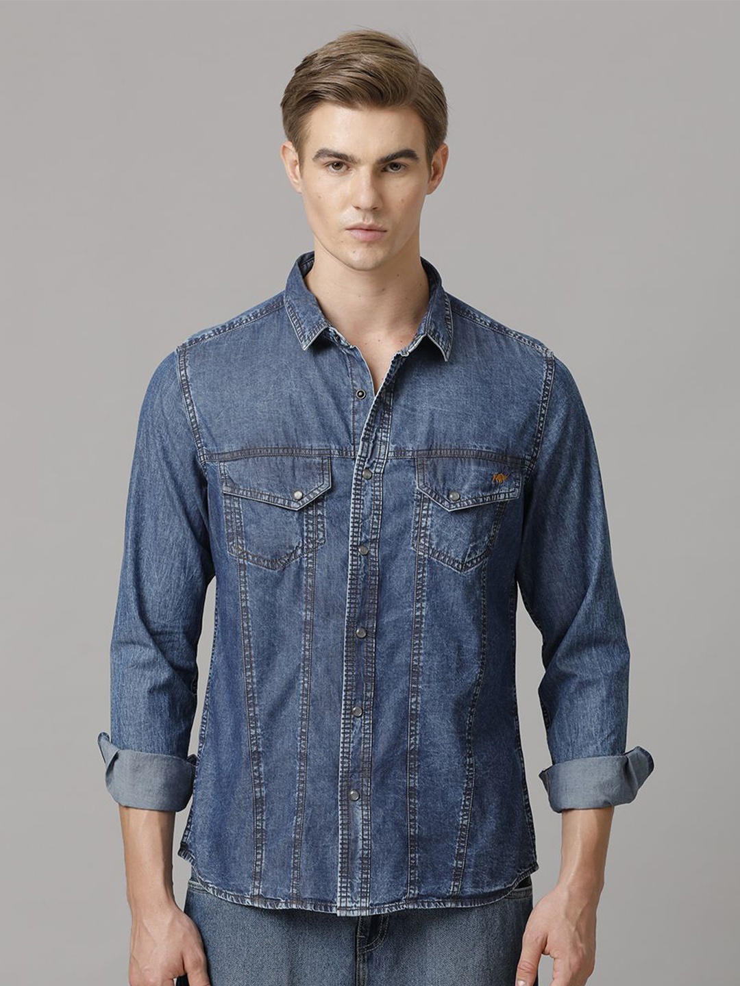 

TEMPLE OF DENIM Men India Slim Spread Collar Solid Denim Casual Shirt, Navy blue