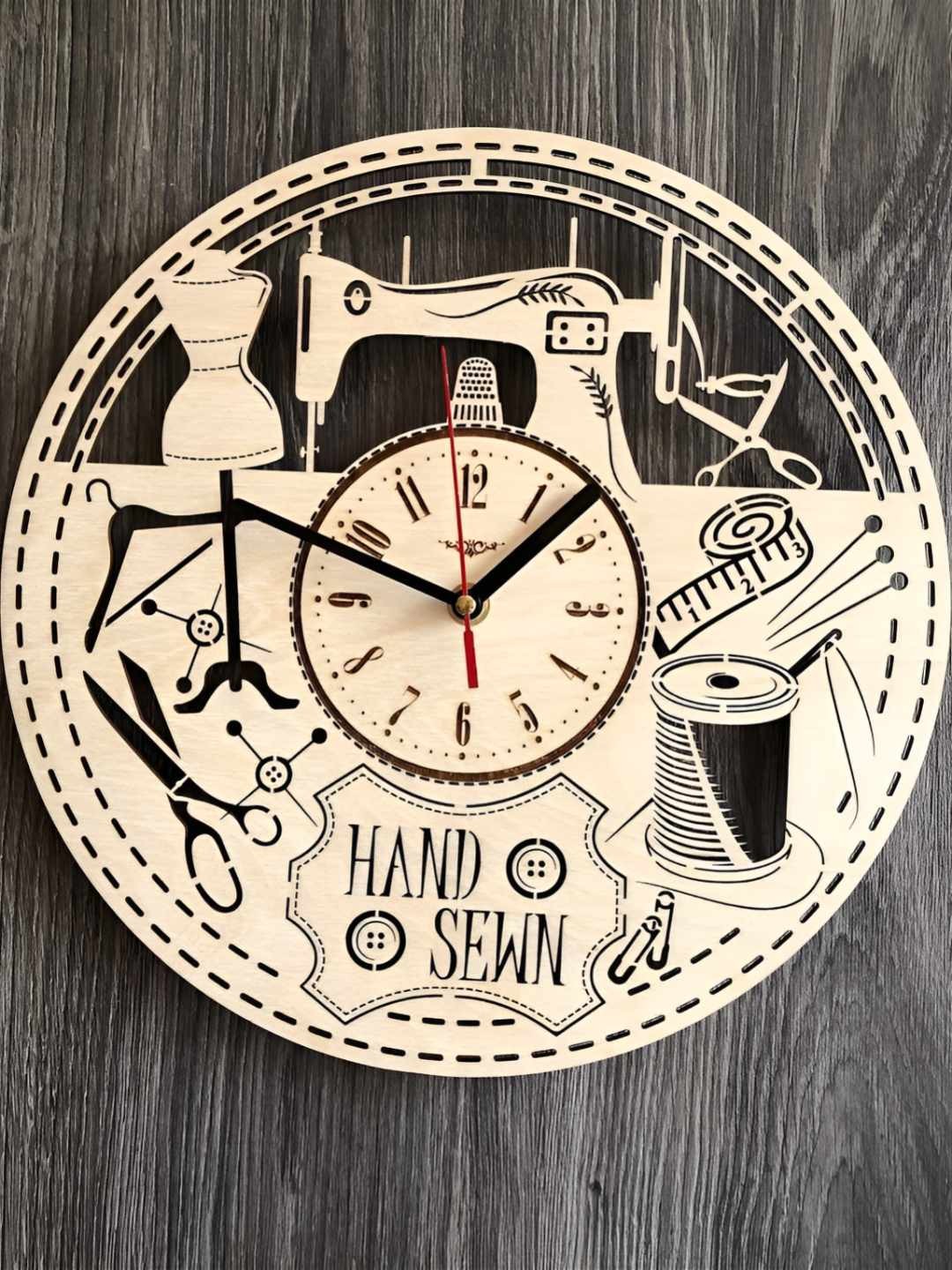 

QEZNEF Beige & Black Sewing Machine Textured Contemporary Round Shaped Wooden Wall Clock