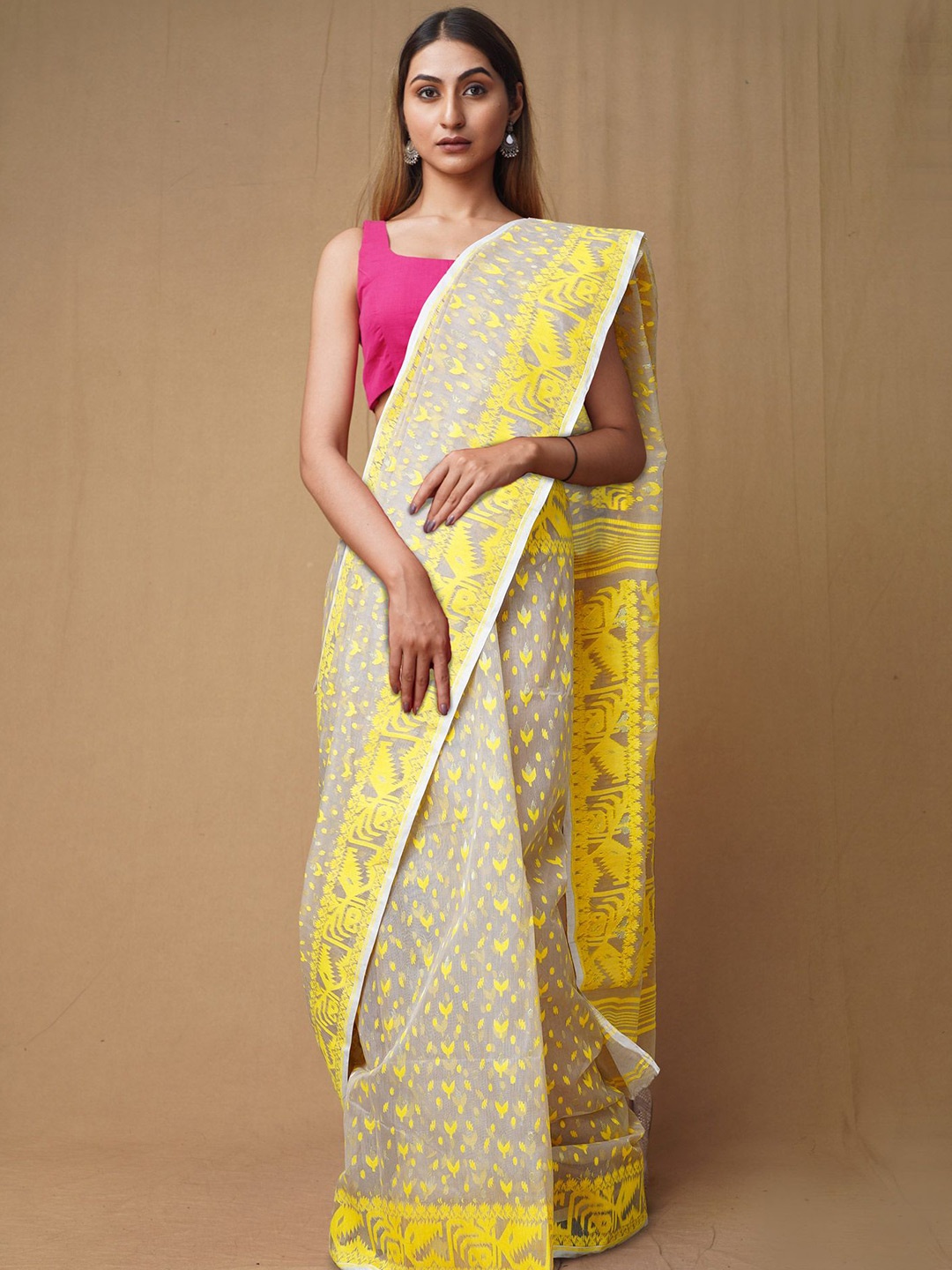 

Unnati Silks Ethnic Motifs Zari Pure Cotton Handloom Jamdani Saree, Cream