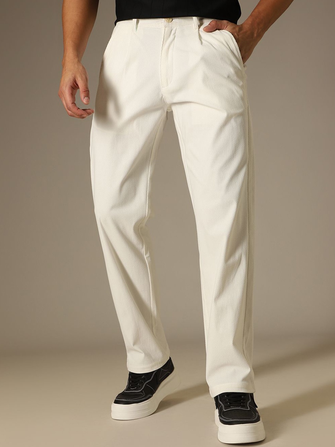 

Banana Club Men Classic Textured Corduroy Trousers, Off white