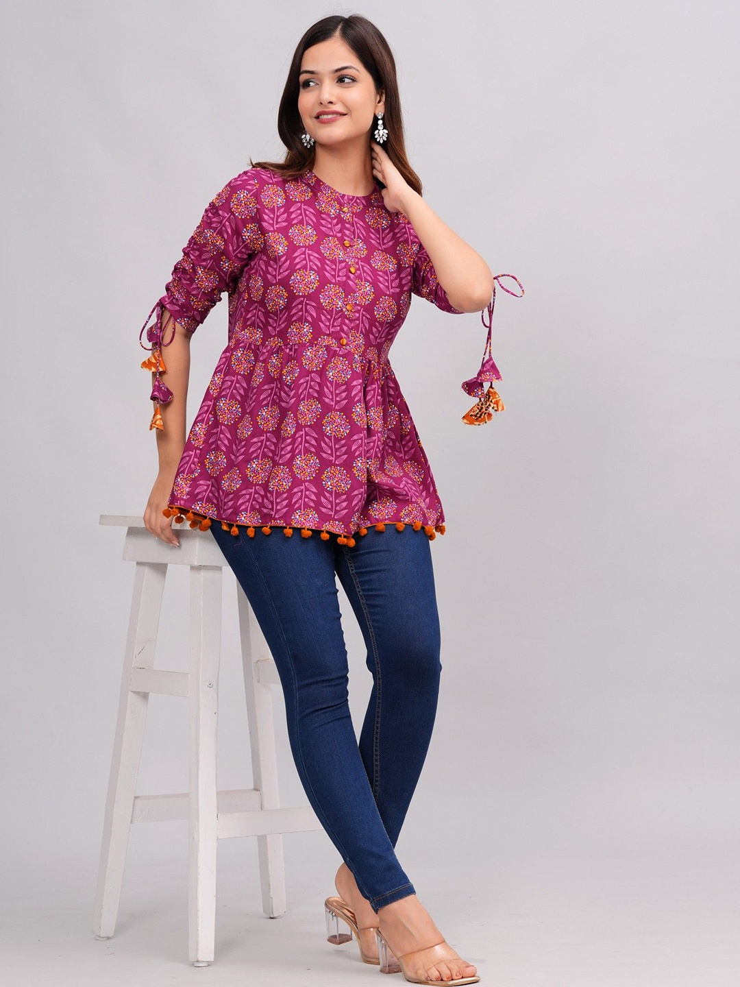 

Royal Marque Women Floral Printed Round Neck Cotton Top, Burgundy